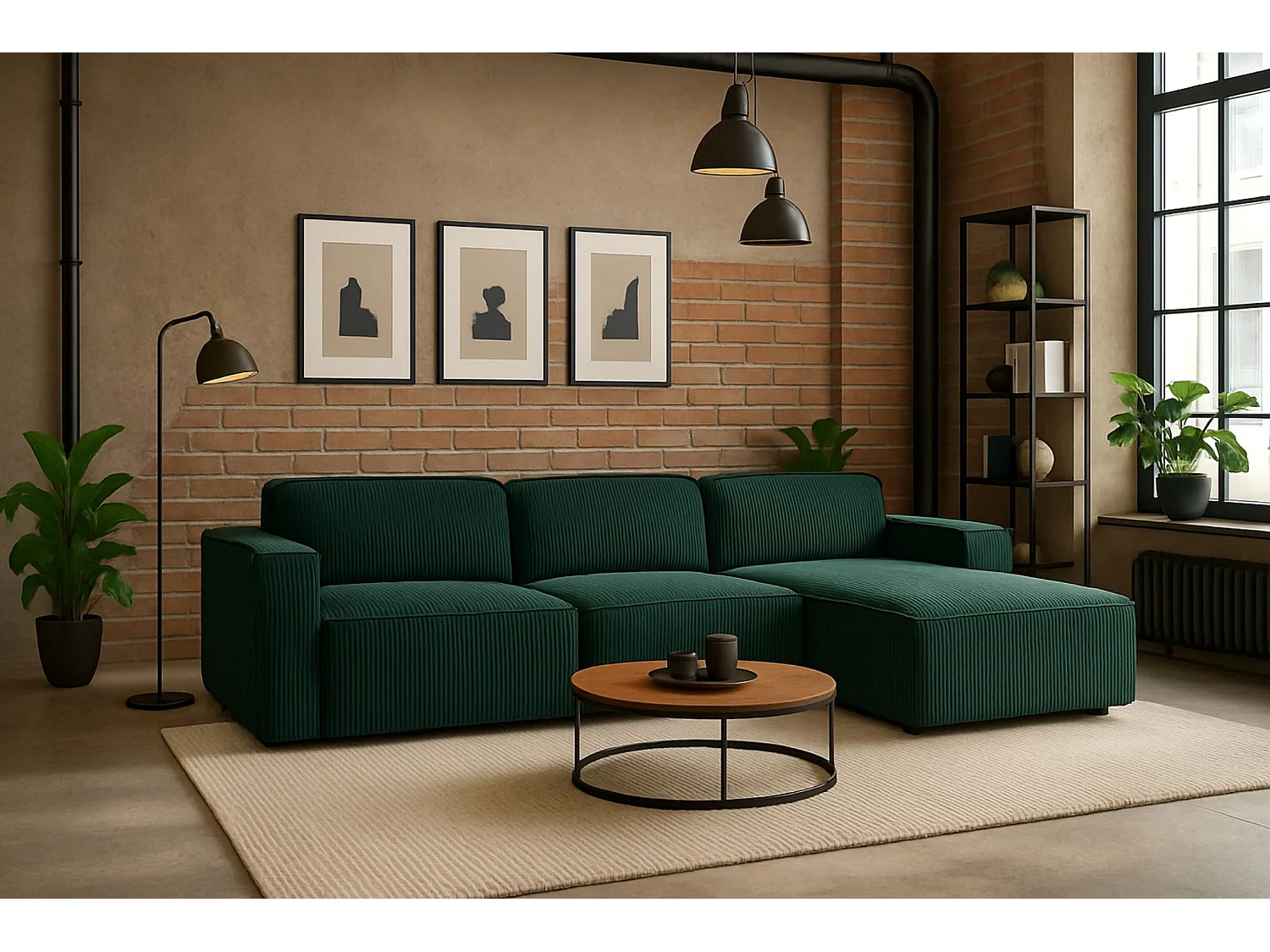 Canapé d'angle en L Cursal, tissu Poso, vert, droit