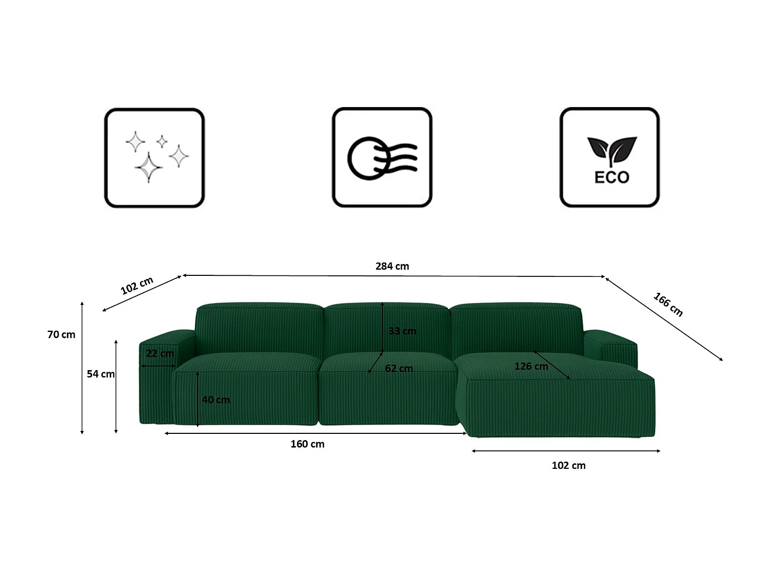 Canapé d'angle en L Cursal, tissu Poso, vert, droit