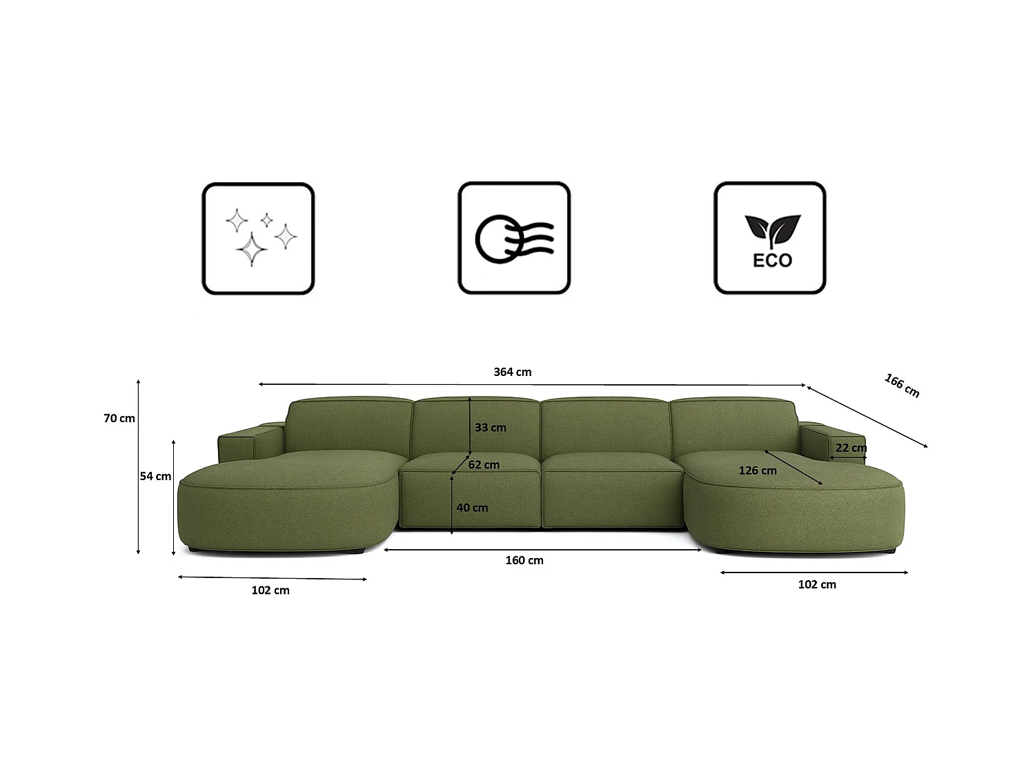 Canapé d'angle en U Round Cursal, tissu Artico, Moss