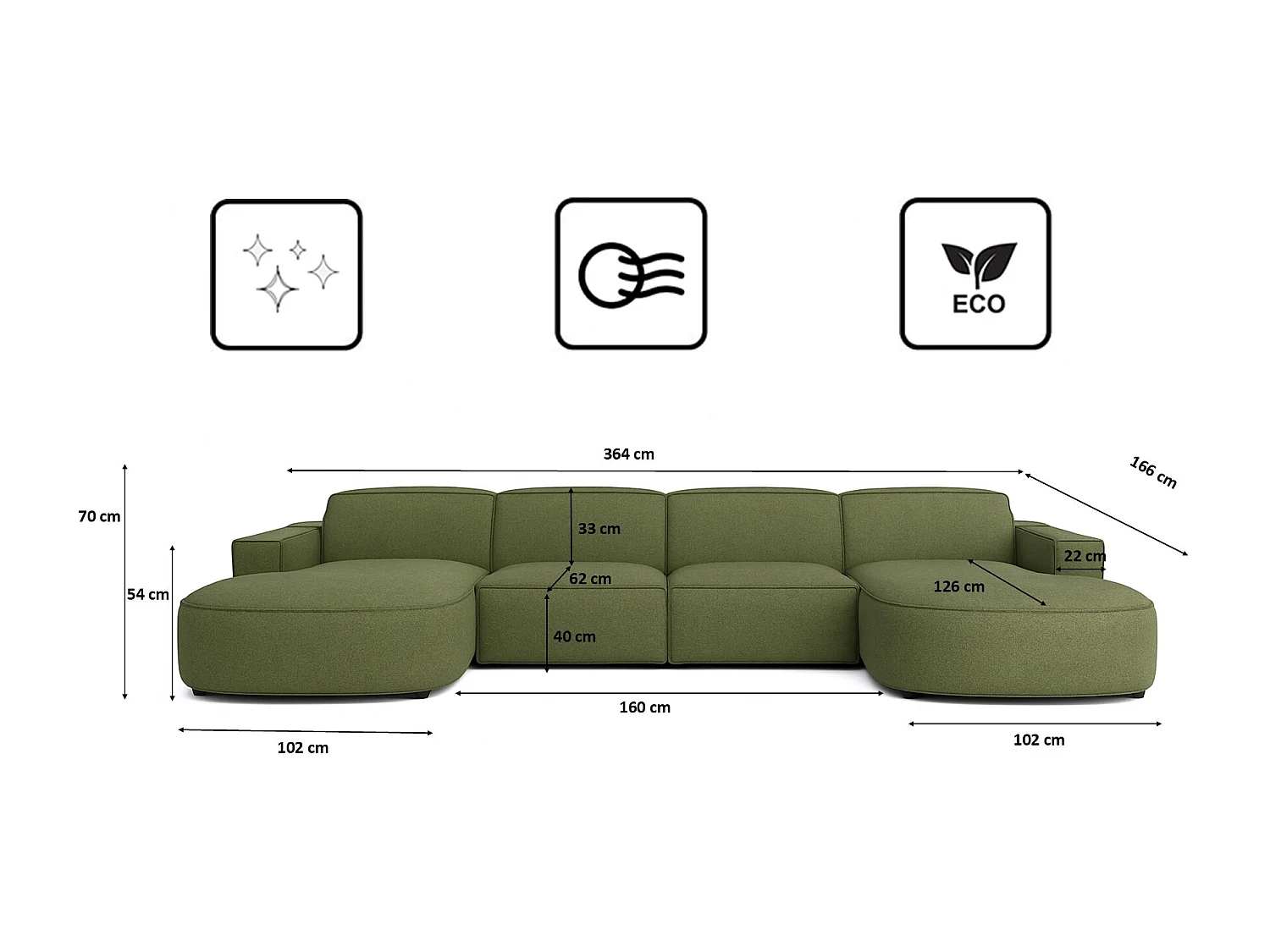 Canapé d'angle en U Round Cursal, tissu Artico, Moss