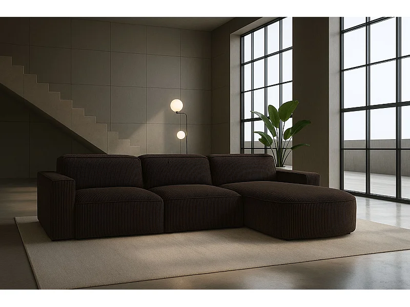 Canapé d'angle en L Round Cursal, tissu Poso, marron, droit