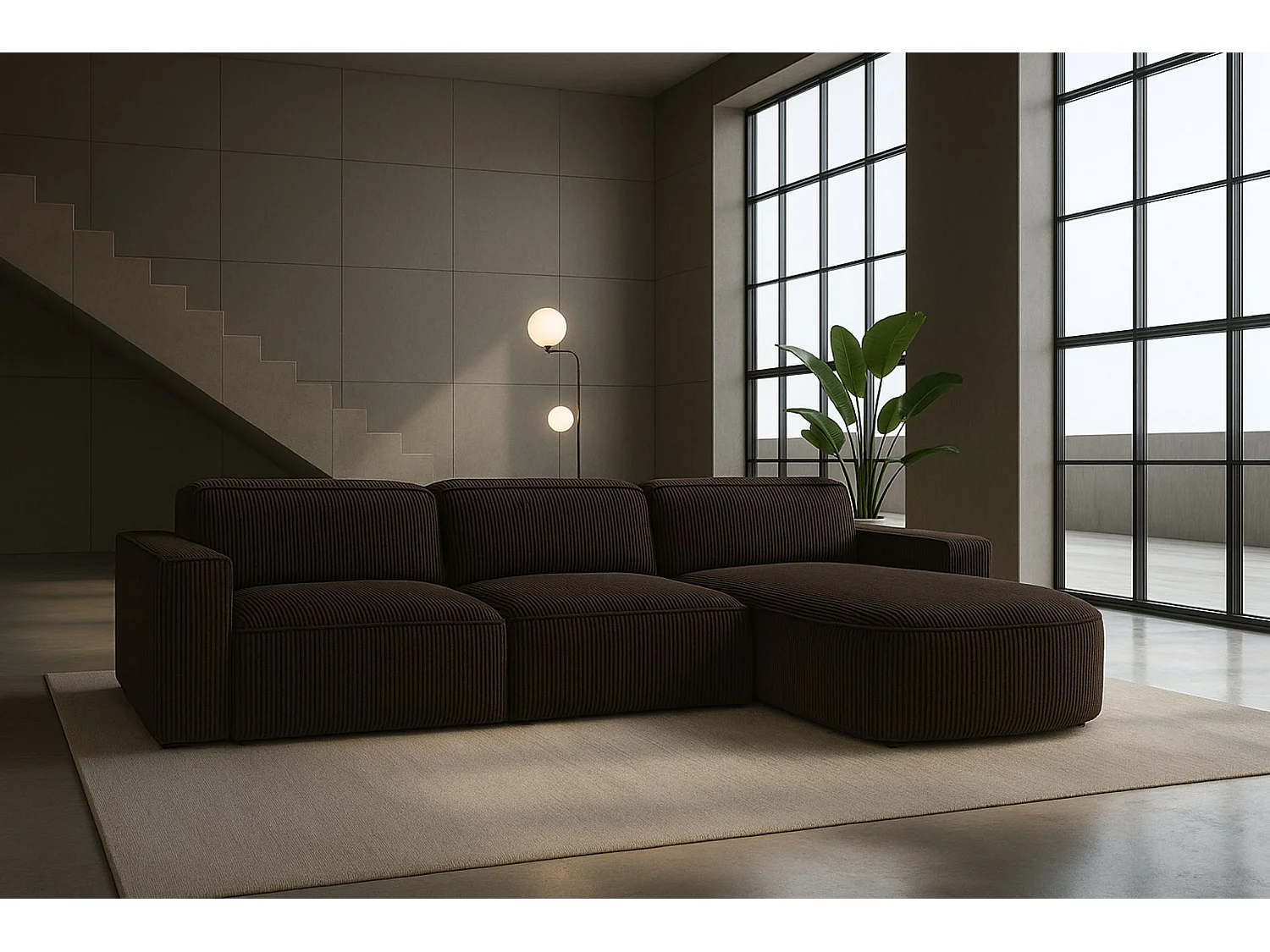 Canapé d'angle en L Round Cursal, tissu Poso, marron, droit