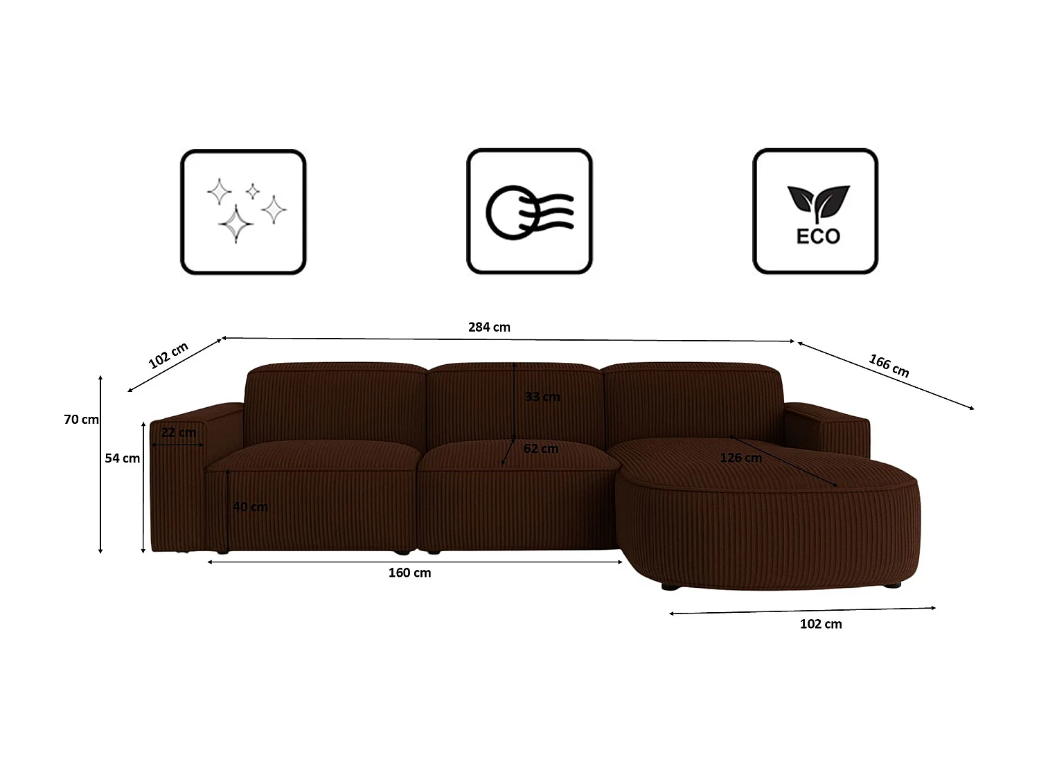 Canapé d'angle en L Round Cursal, tissu Poso, marron, droit