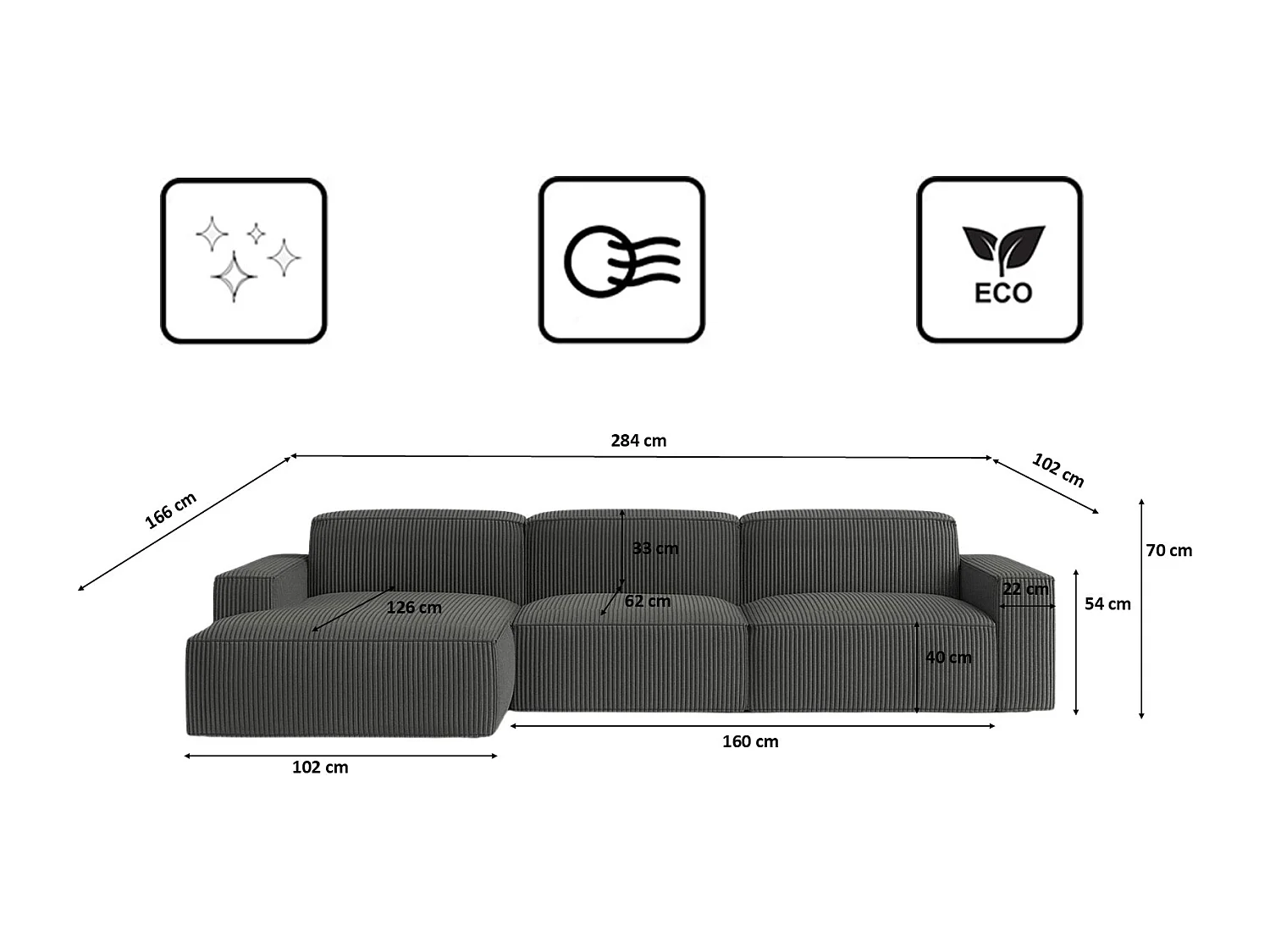 Canapé d'angle en L Cursal, tissu Poso, gris, gauche