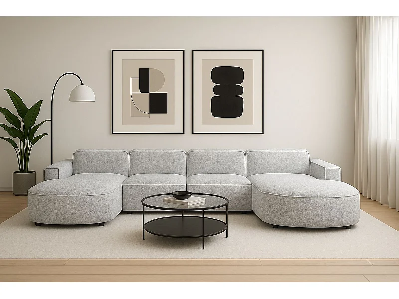 Canapé d'angle en U Round Cursal, tissu Artico, Nata