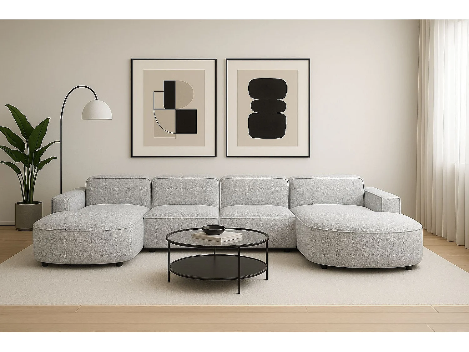 Canapé d'angle en U Round Cursal, tissu Artico, Nata