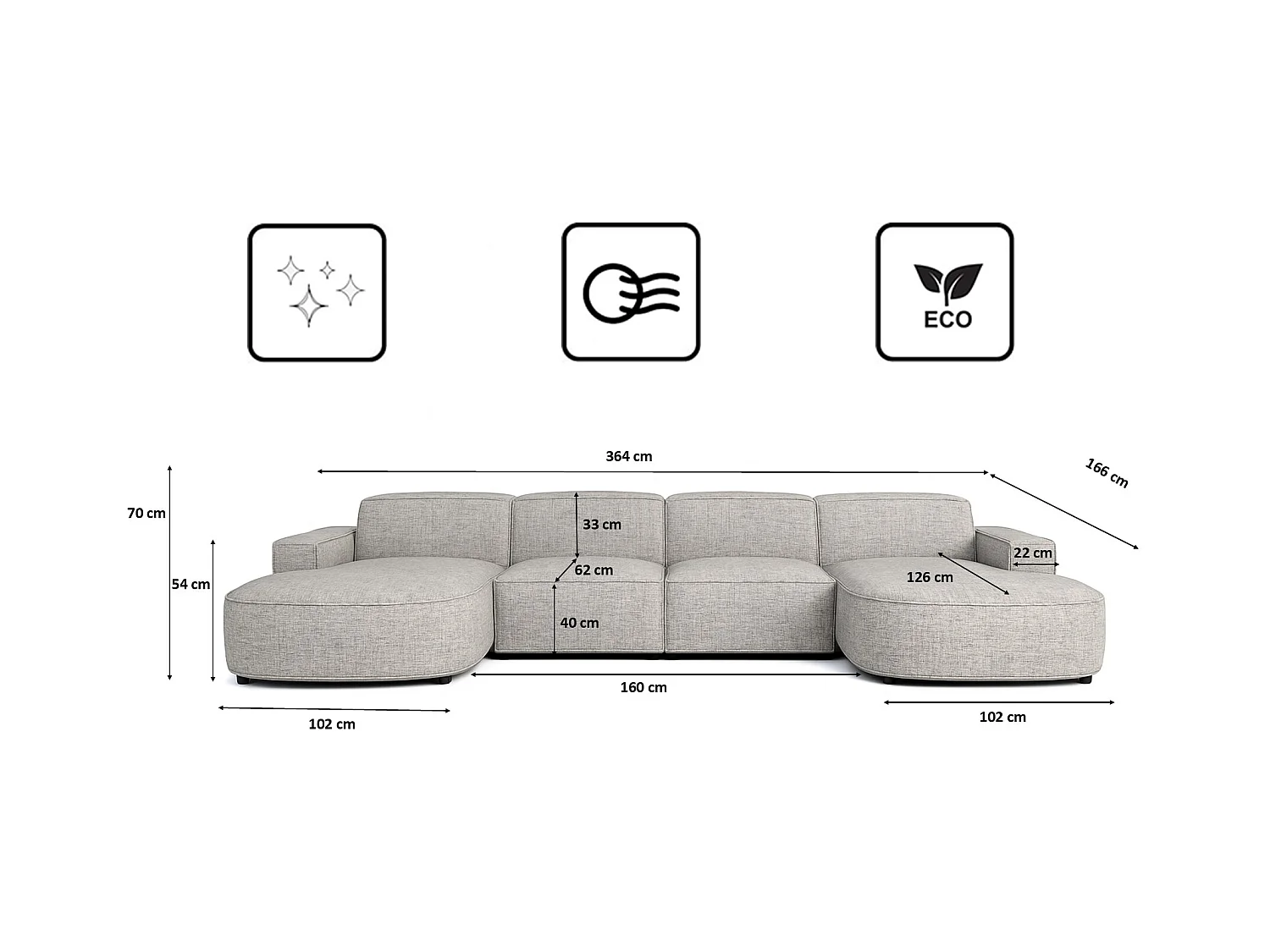 Canapé d'angle en U Round Cursal, tissu Artico, Nata