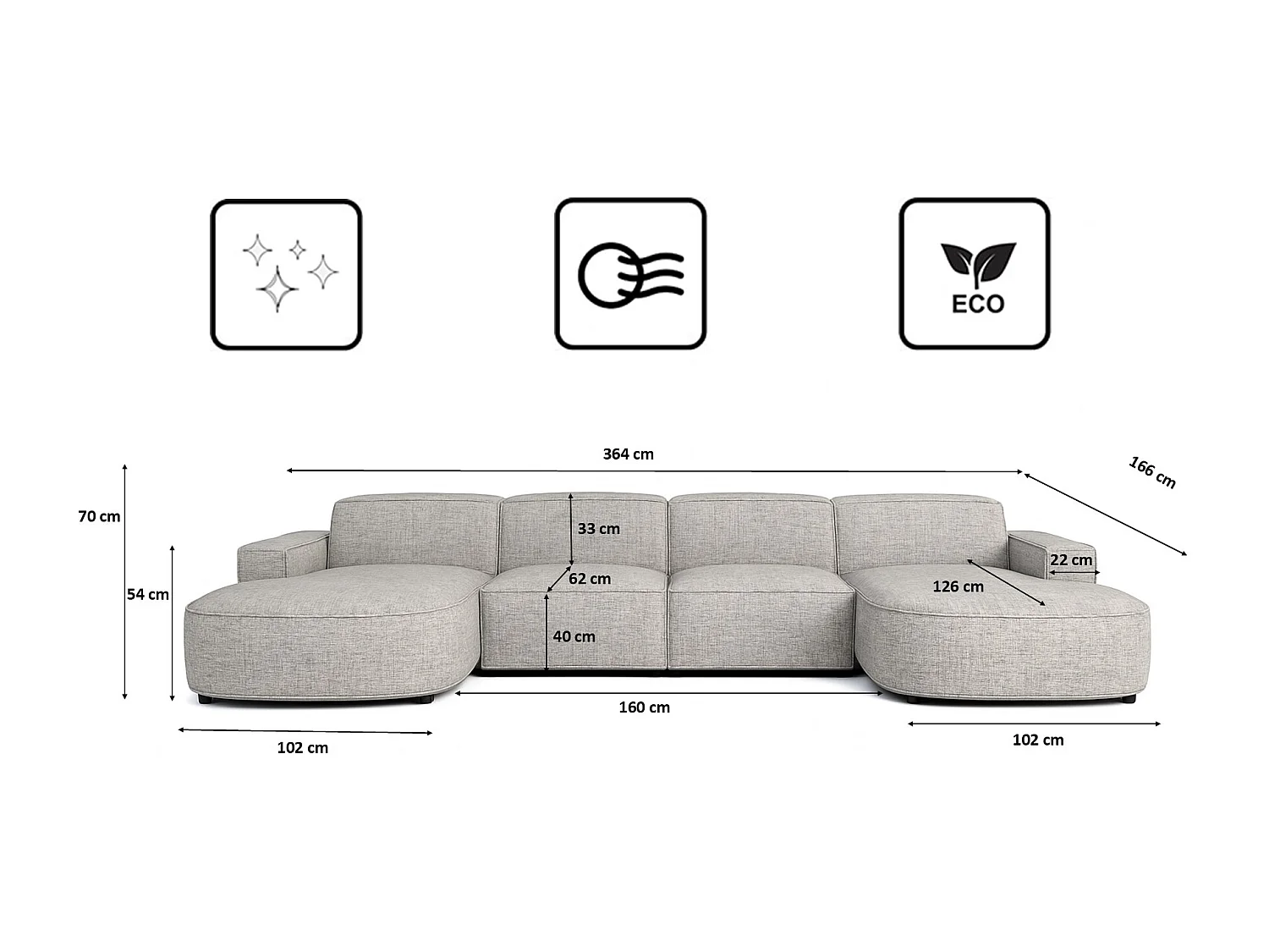 Canapé d'angle en U Round Cursal, tissu Artico, Nata