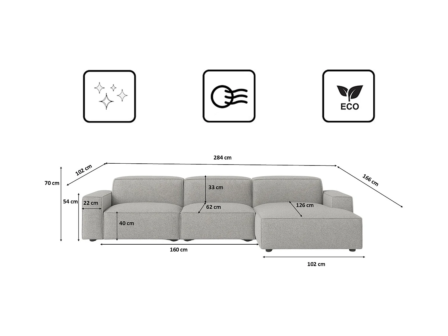 Divano angolare a L Cursal, tessuto Artico, Cemento, destra