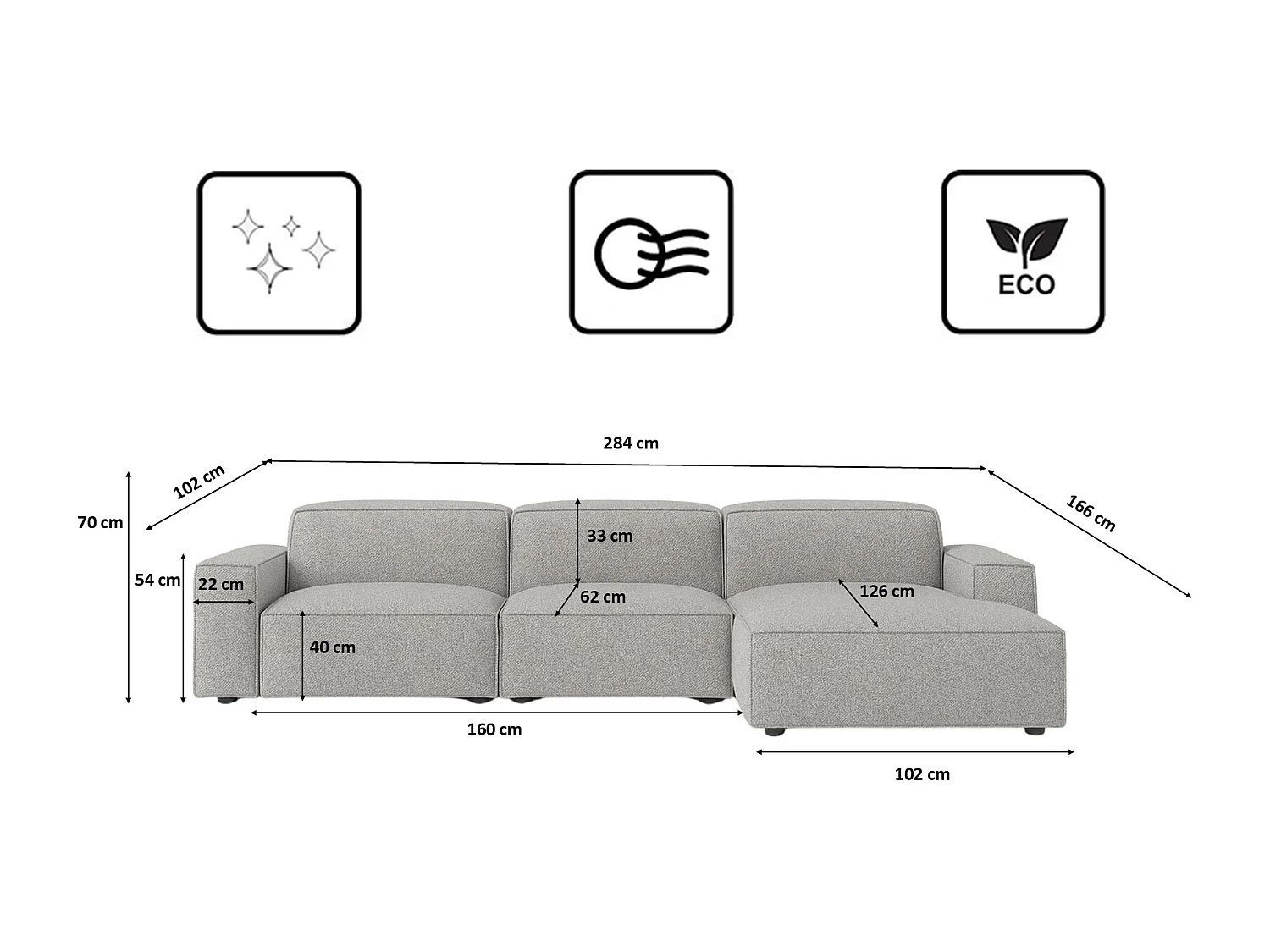 Canapé d'angle en L Cursal, tissu Artico, ciment, droit
