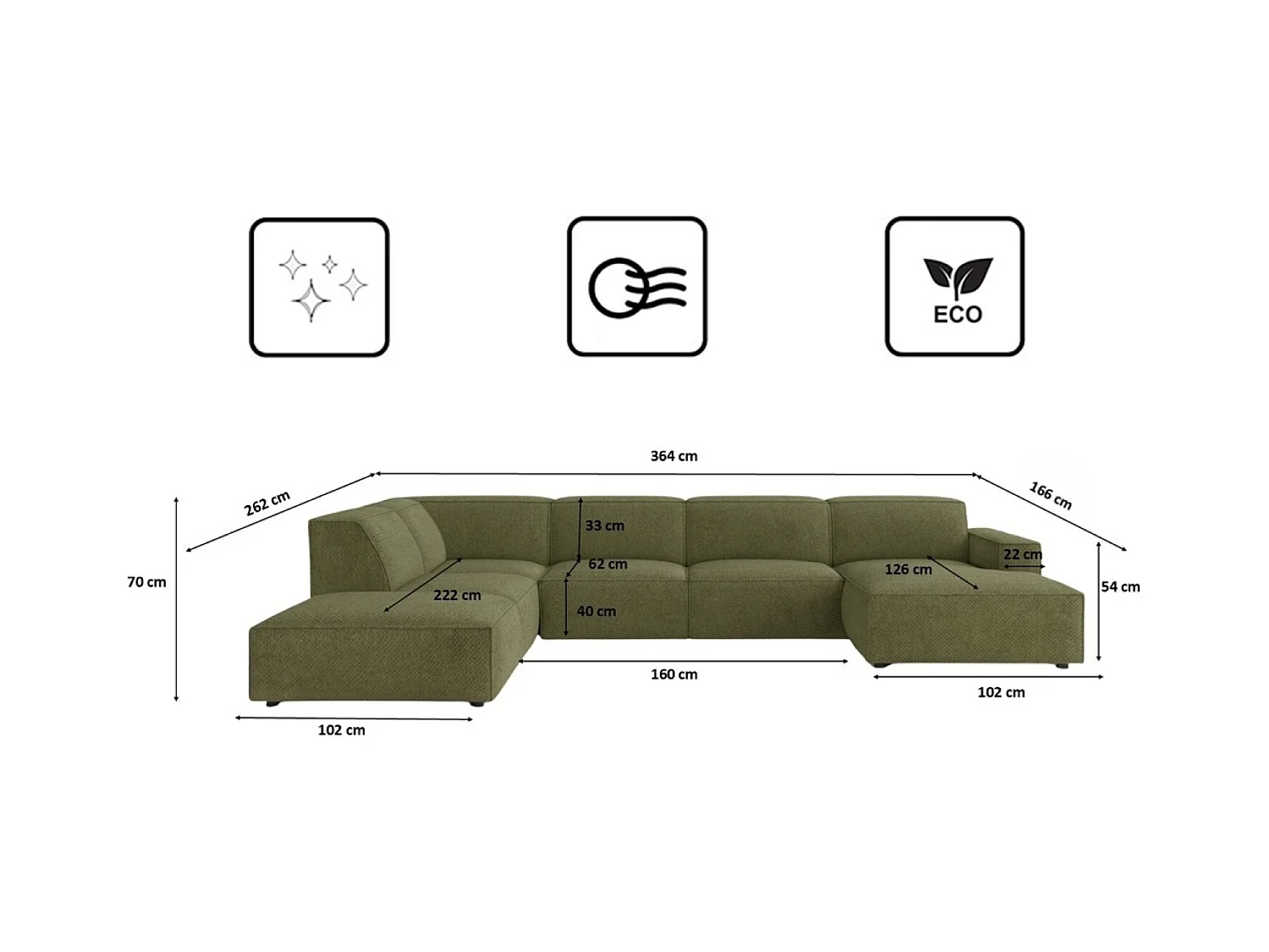 Ecksofa U-Form Cursal V, Stoff Artico, Moss, Links