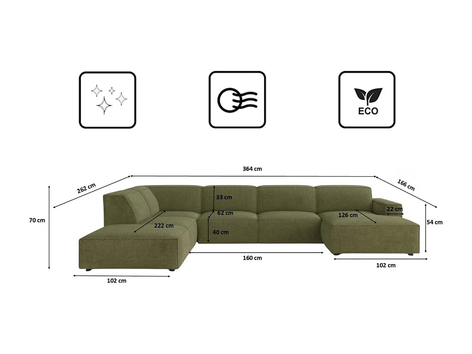Canapé d'angle en U Cursal V, tissu Artico, Moss, gauche