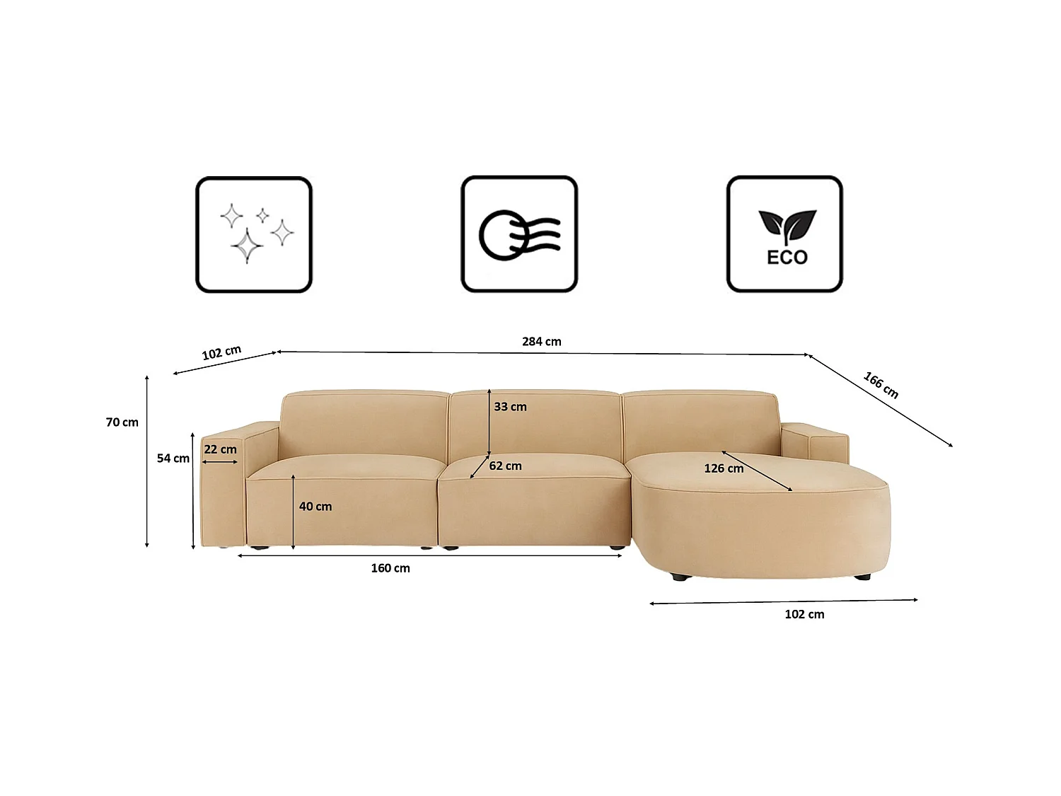 Canapé d'angle en L Round Cursal, tissu Salvador, beige, droit
