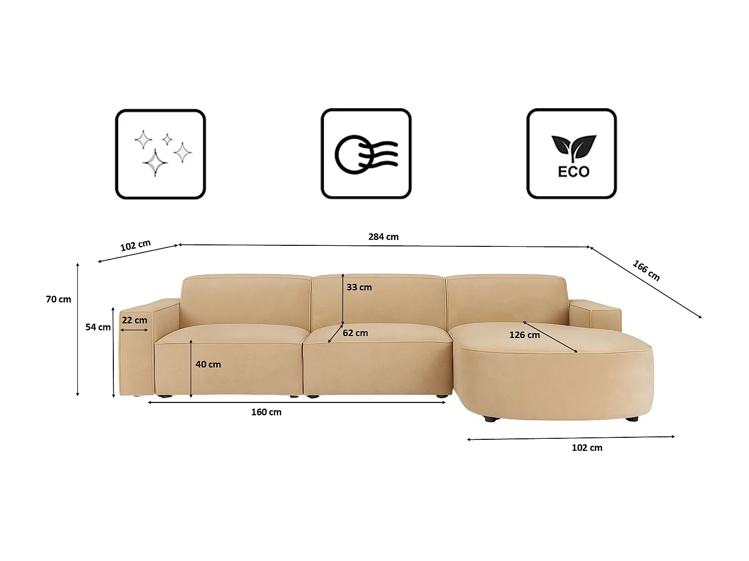 Canapé d'angle en L Round Cursal, tissu Salvador, beige, droit