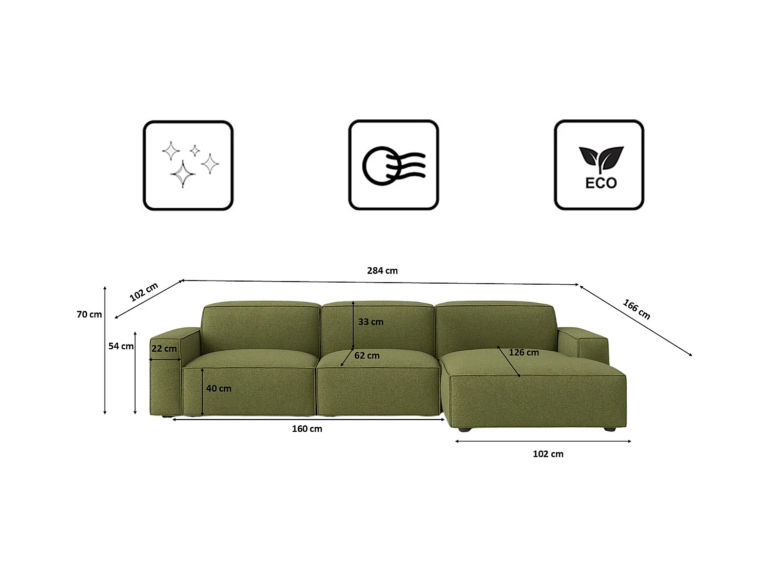 Divano angolare a L Cursal, tessuto Artico, muschio, destra