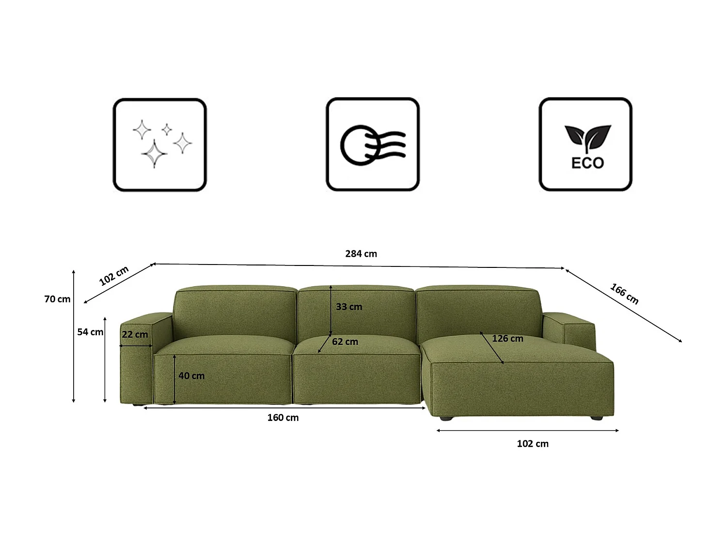 Canapé d'angle en L Cursal, tissu Artico, Moss, droite