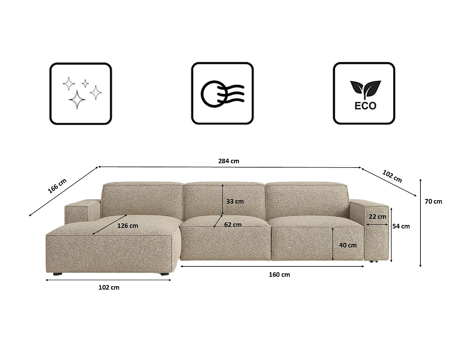 Canapé d'angle en L Cursal, tissu Artico, beige, gauche