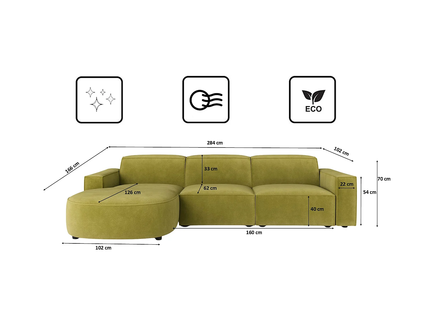 Ecksofa L-Form Round Cursal, Stoff Salvador, Olive, Links