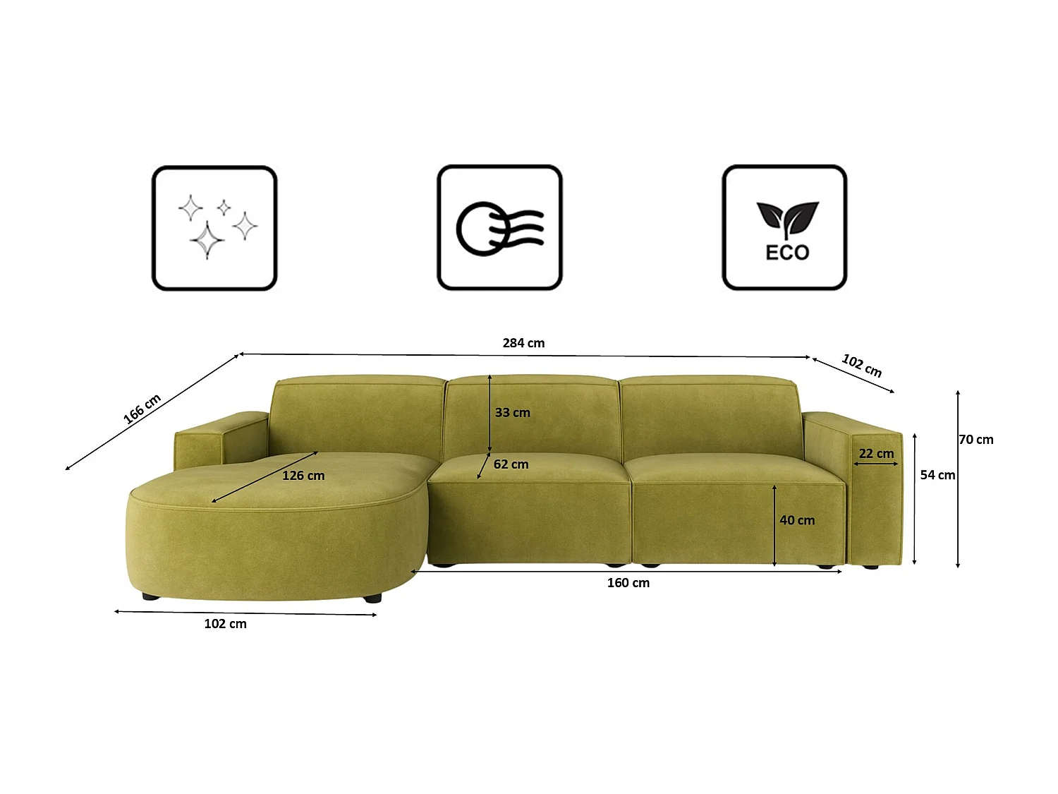 Canapé d'angle L-form Round Cursal, tissu Salvador, olive, gauche