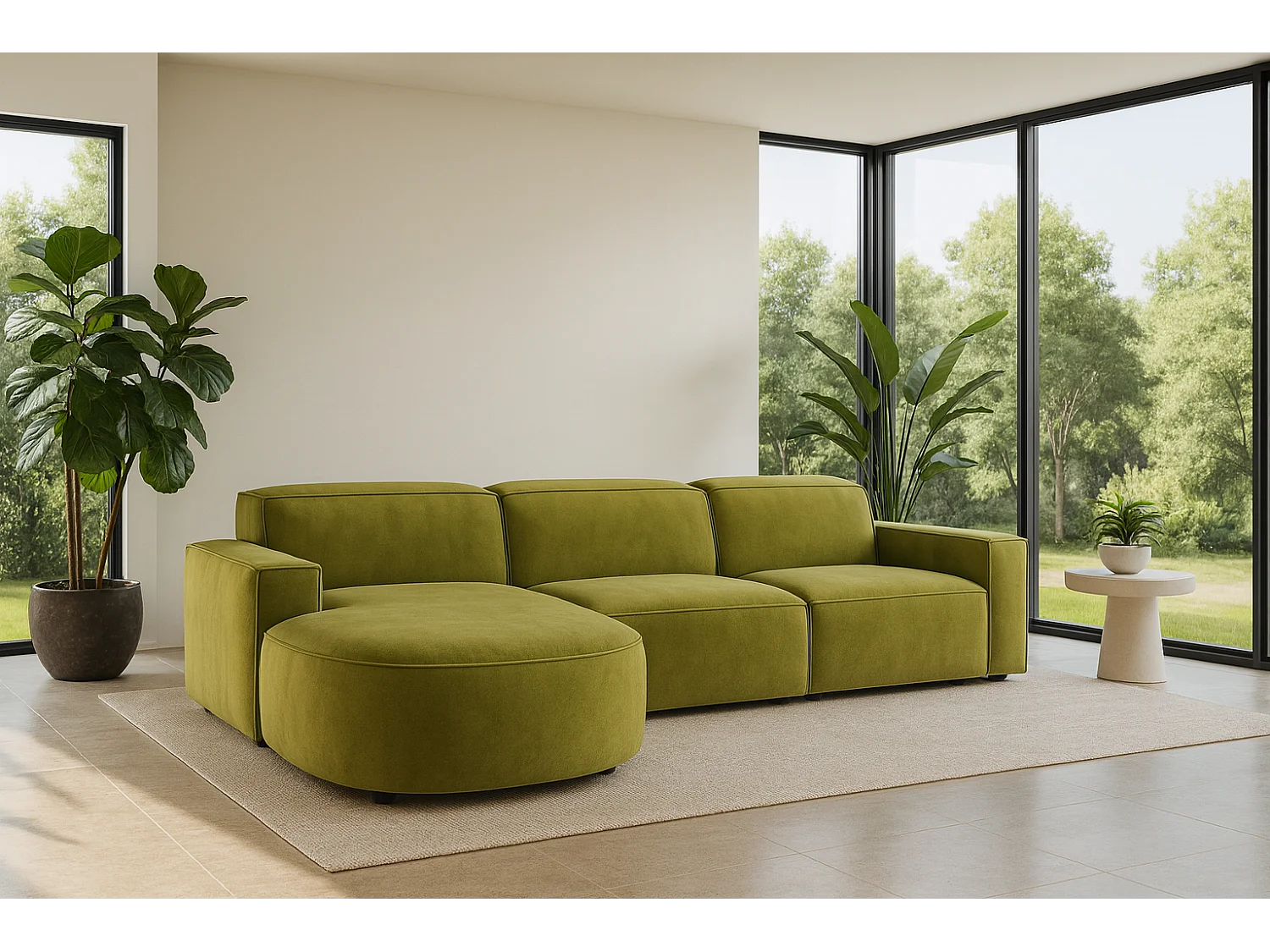 Ecksofa L-Form Round Cursal, Stoff Salvador, Olive, Links