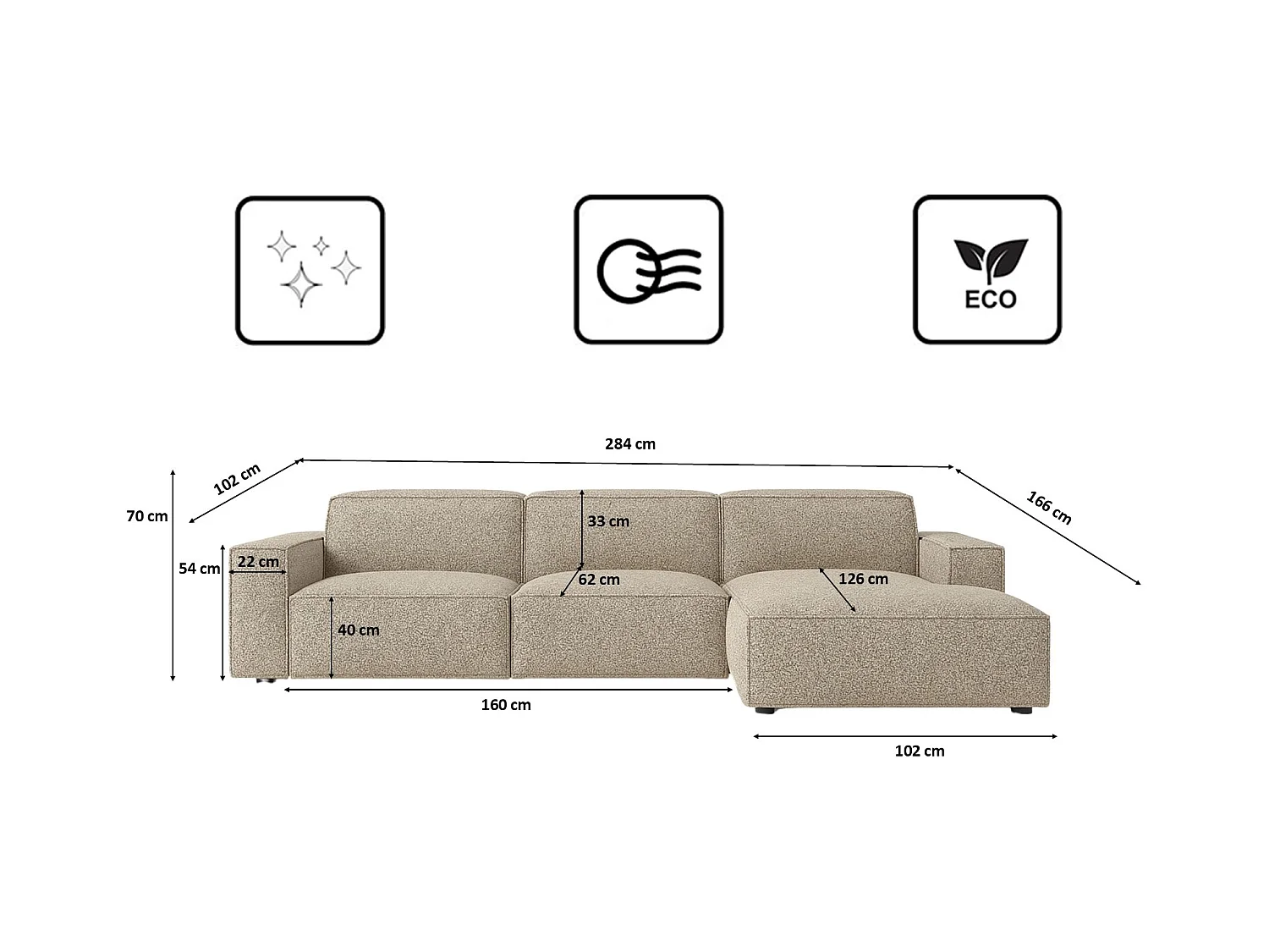 Divano angolare Cursal a L, tessuto Artico, beige, destra