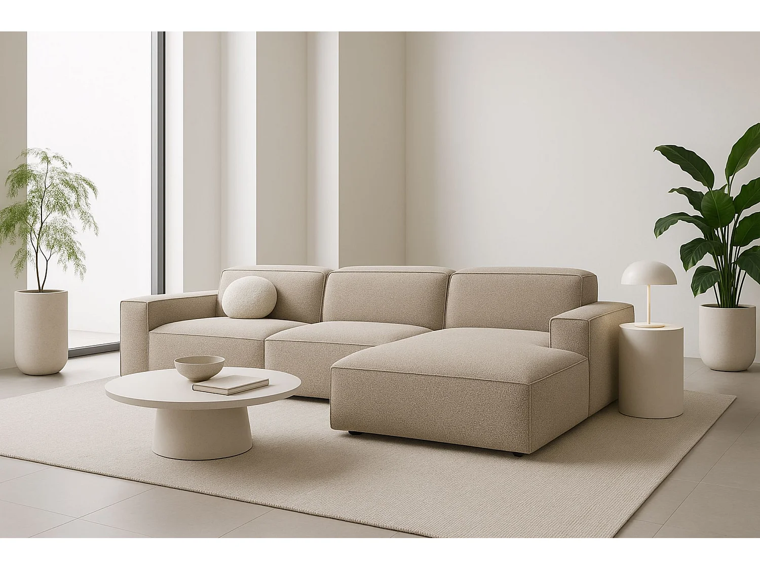 Canapé d'angle en L Cursal, tissu Artico, beige, droit