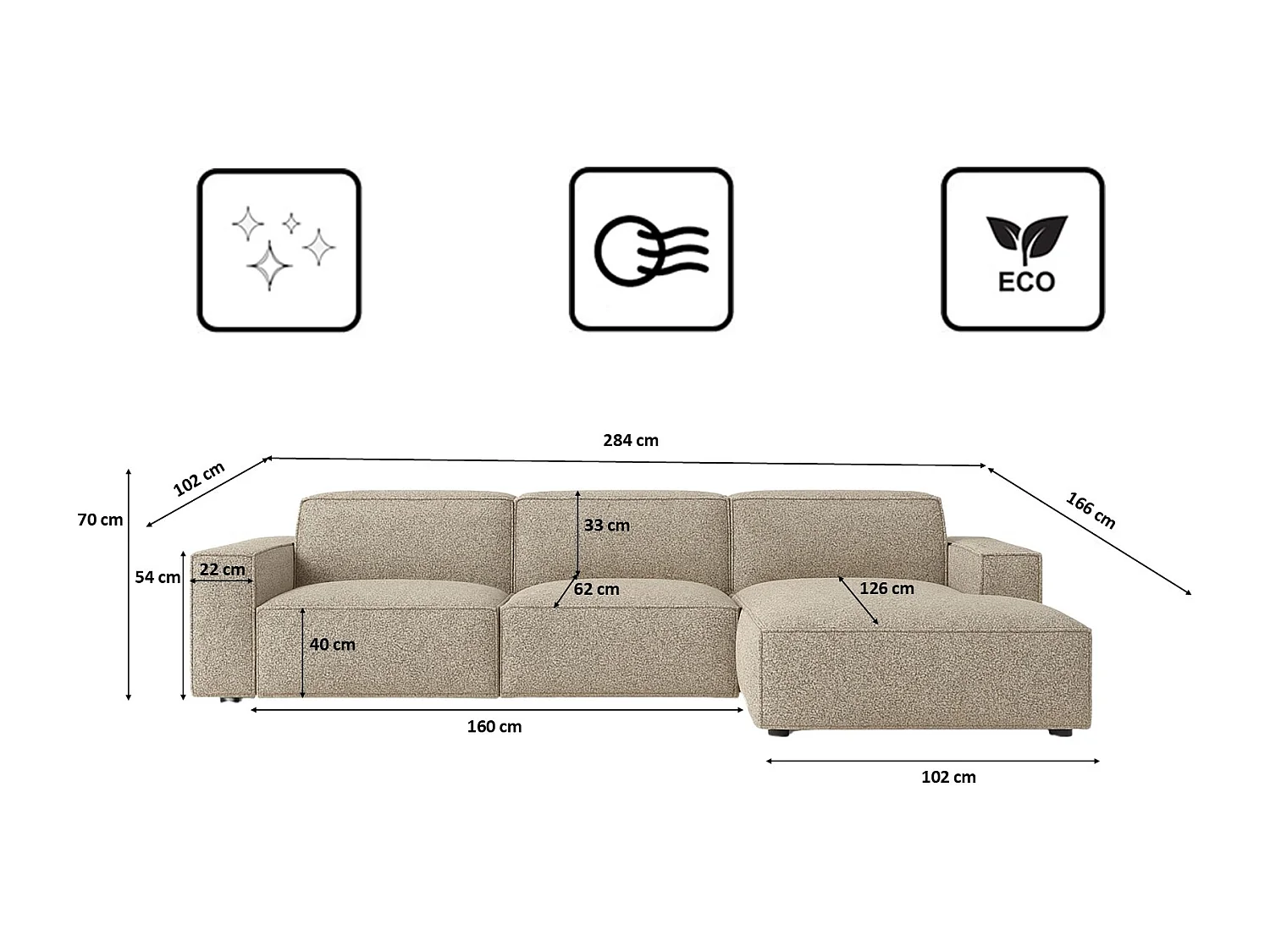 Canapé d'angle en L Cursal, tissu Artico, beige, droit