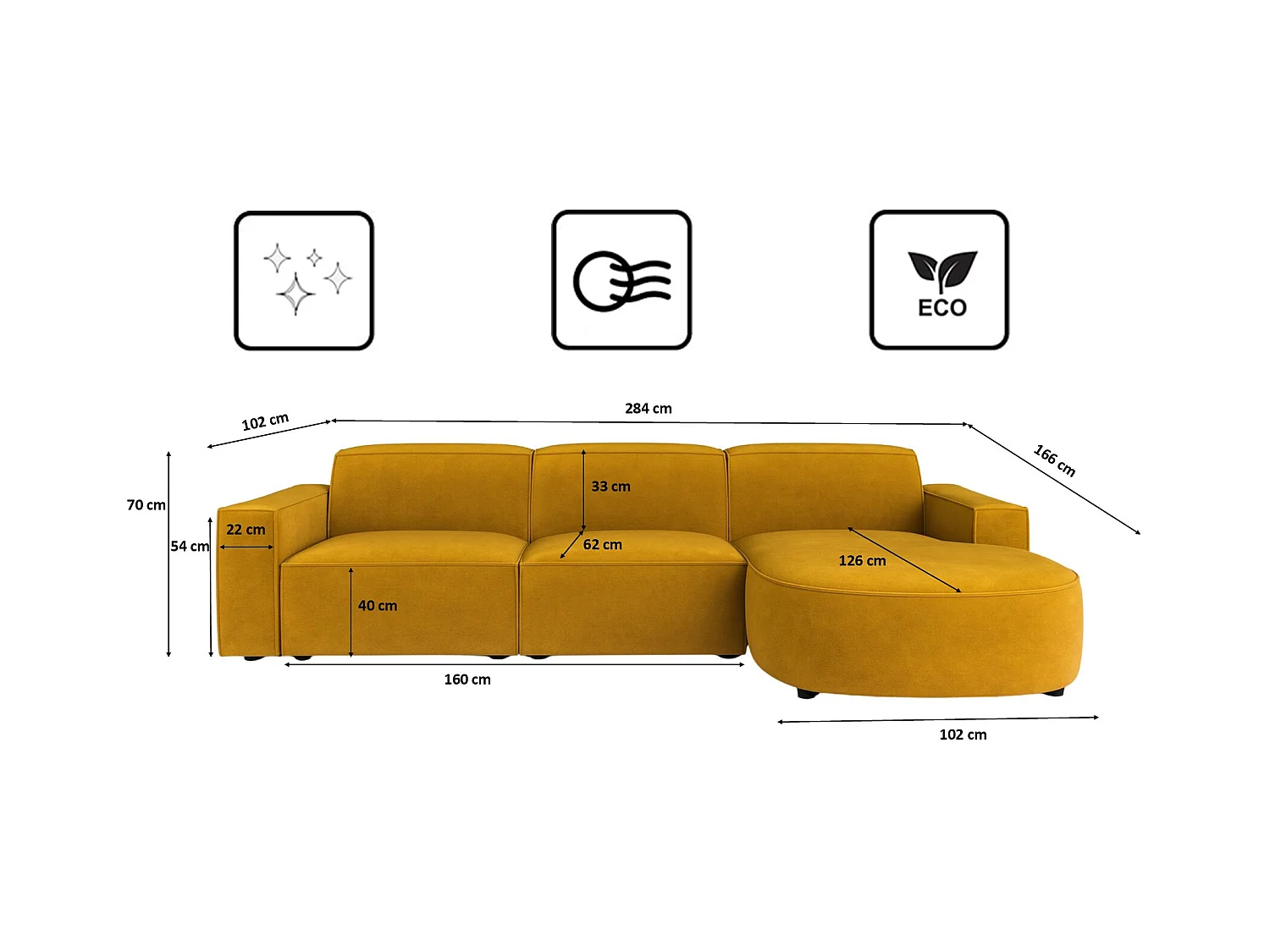 Ecksofa L-Form Round Cursal, Stoff Salvador, Gelb, Rechts