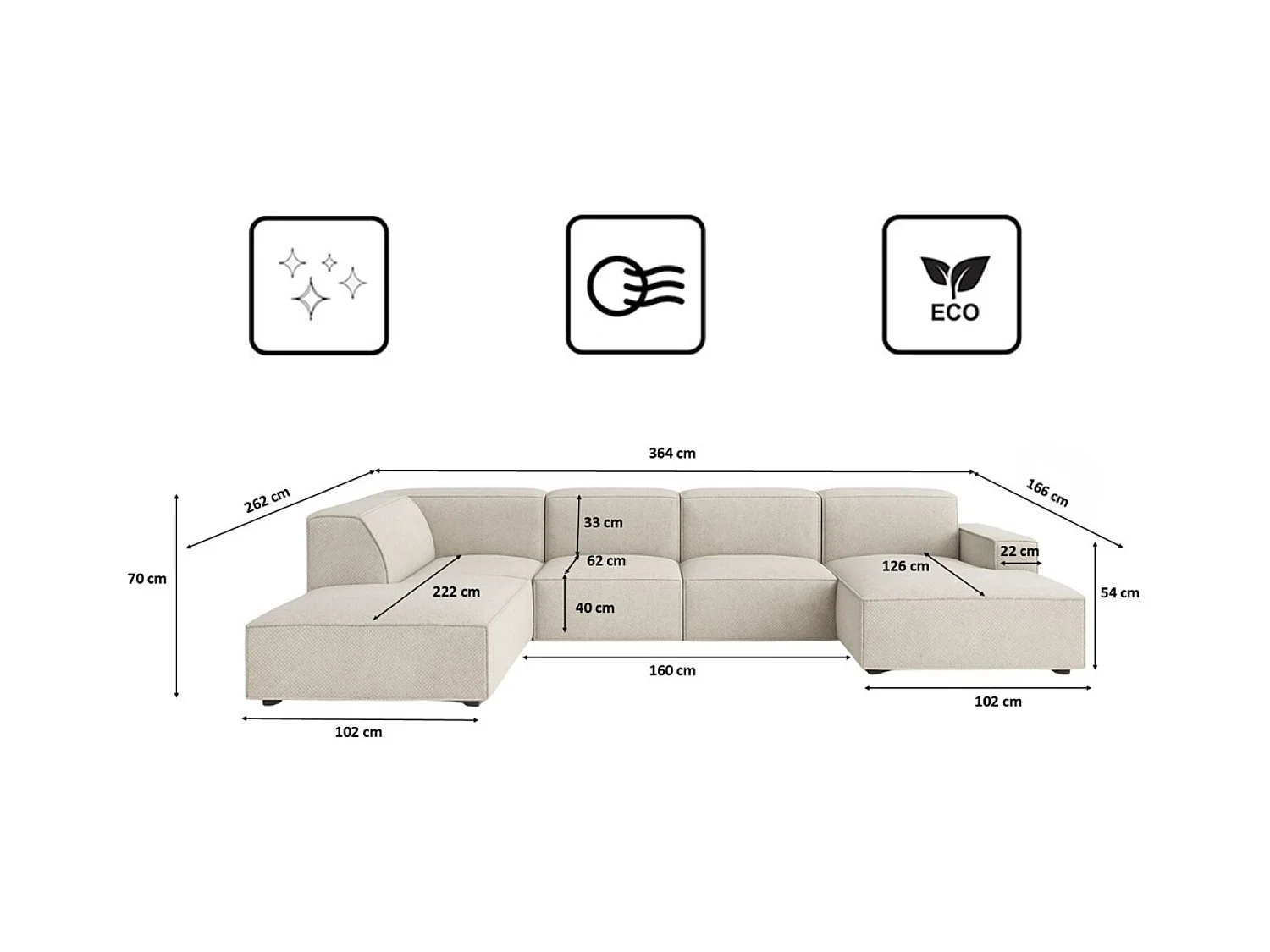 Ecksofa U-Form Cursal V, Stoff Artico, Nata, Links