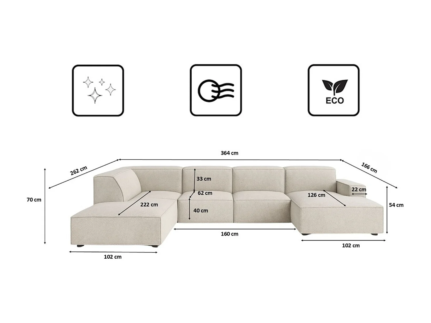 Canapé d'angle en forme de U Cursal V, tissu Artico, Nata, gauche