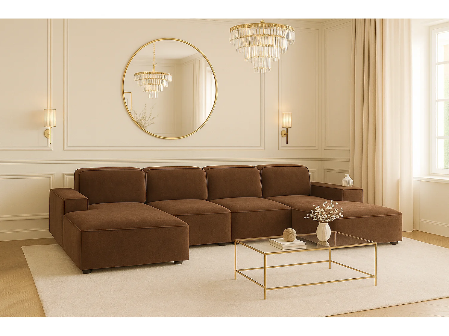 Canapé d'angle en U Cursal, tissu Salvador, marron foncé