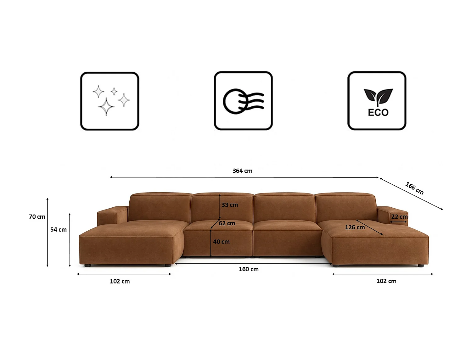 Canapé d'angle en U Cursal, tissu Salvador, marron foncé
