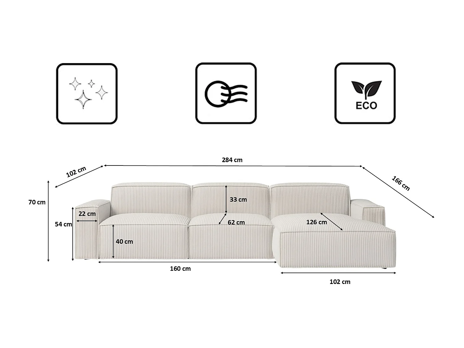 Canapé d'angle en L Cursal, tissu Poso, beige, droit