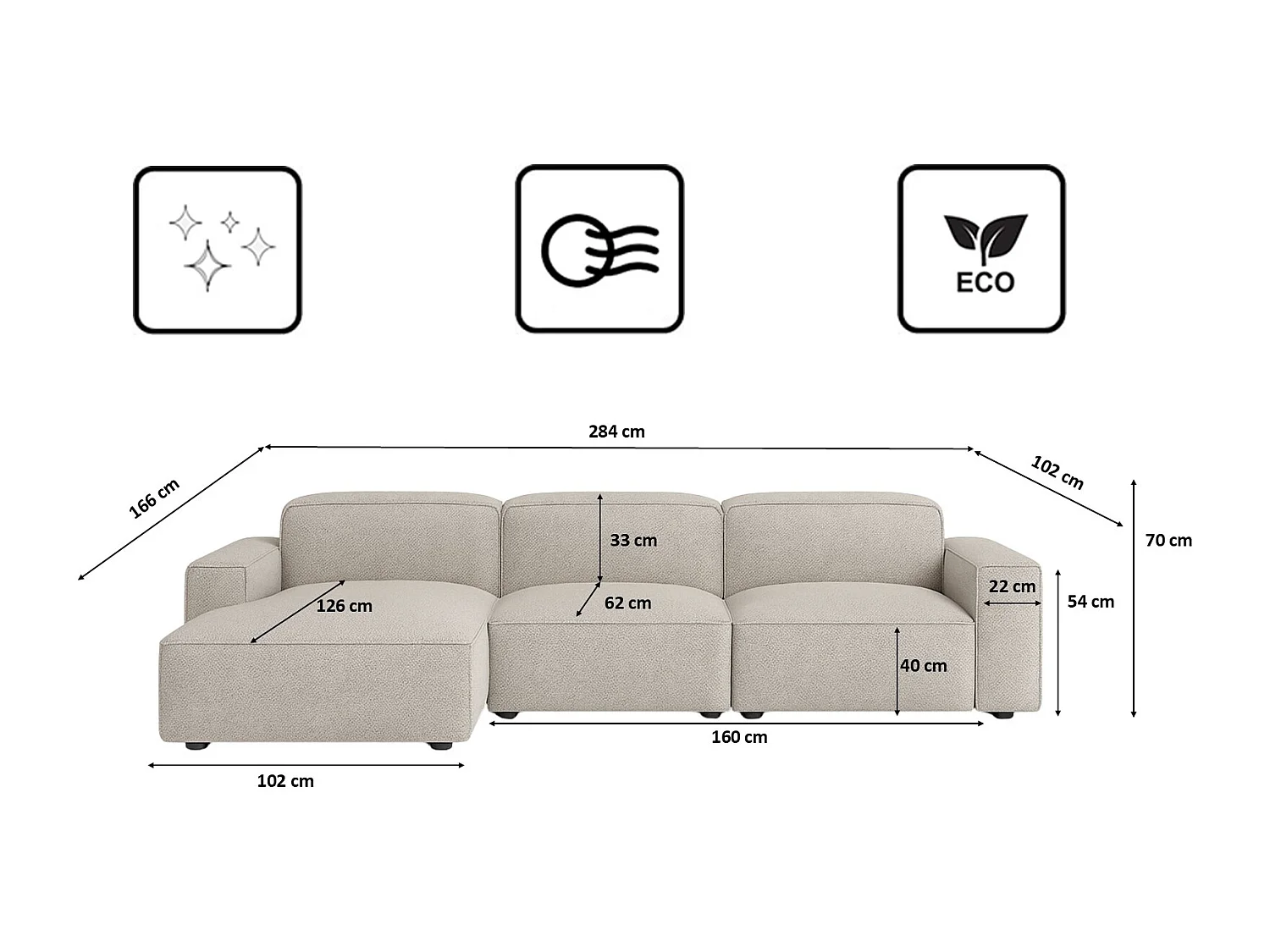 Canapé d'angle en forme de L Cursal, tissu Artico, Nata, gauche