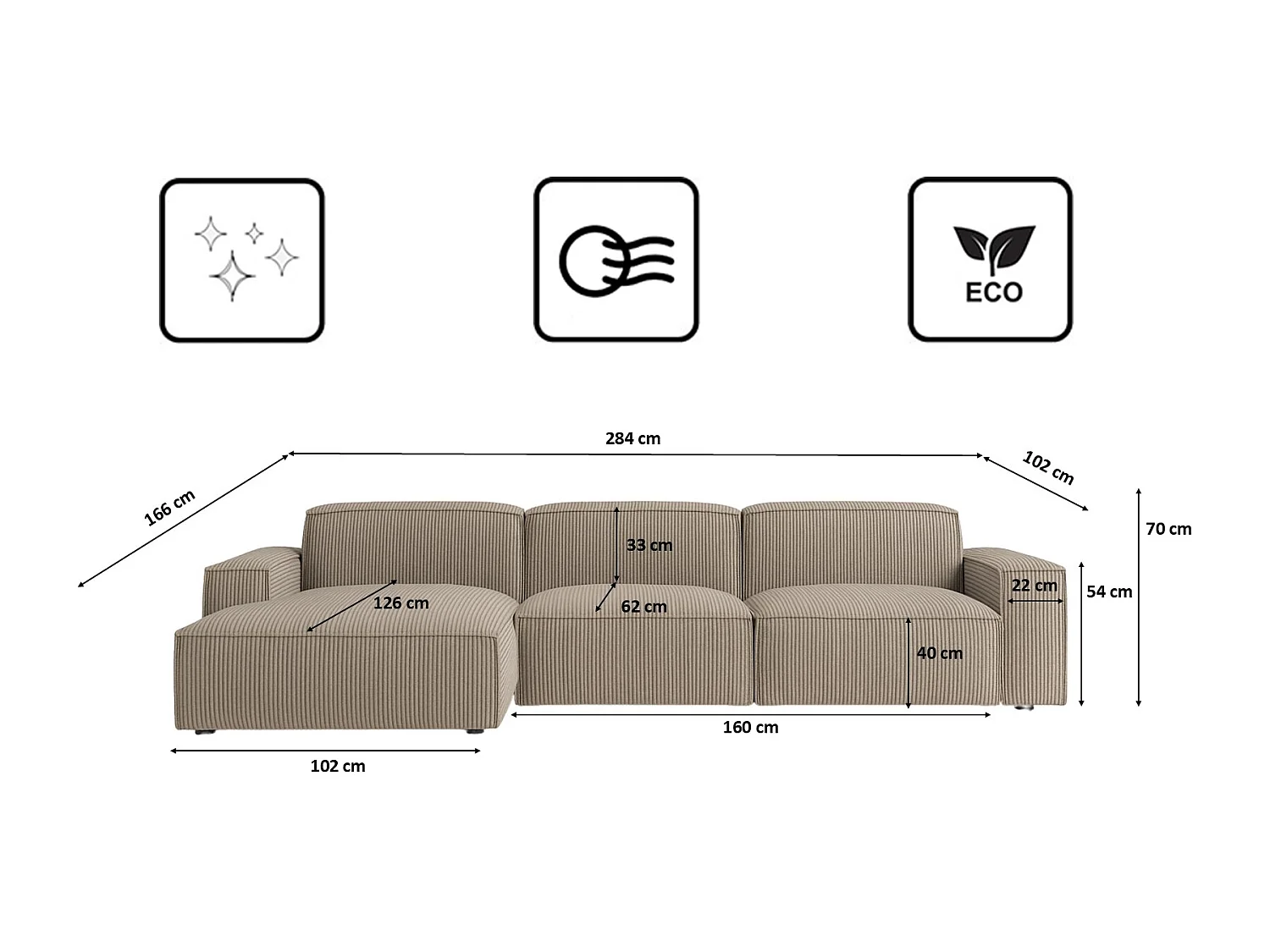 Canapé d'angle en L Cursal, tissu Poso, beige foncé, gauche