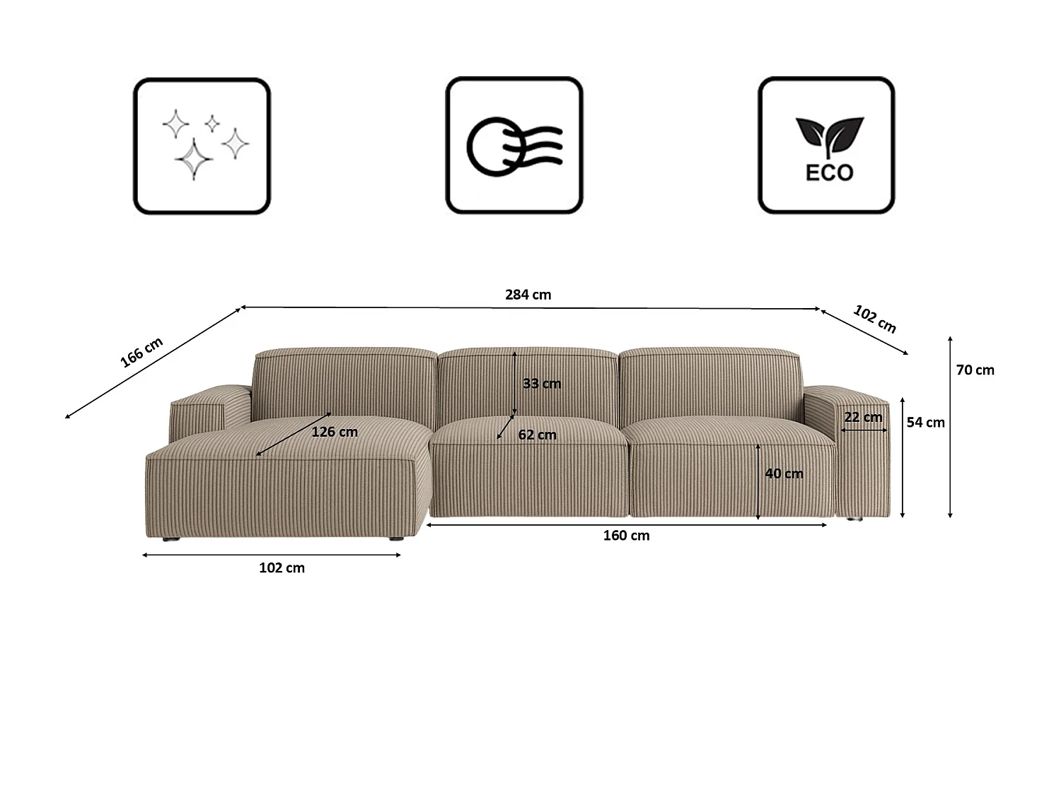 Canapé d'angle en L Cursal, tissu Poso, beige foncé, gauche