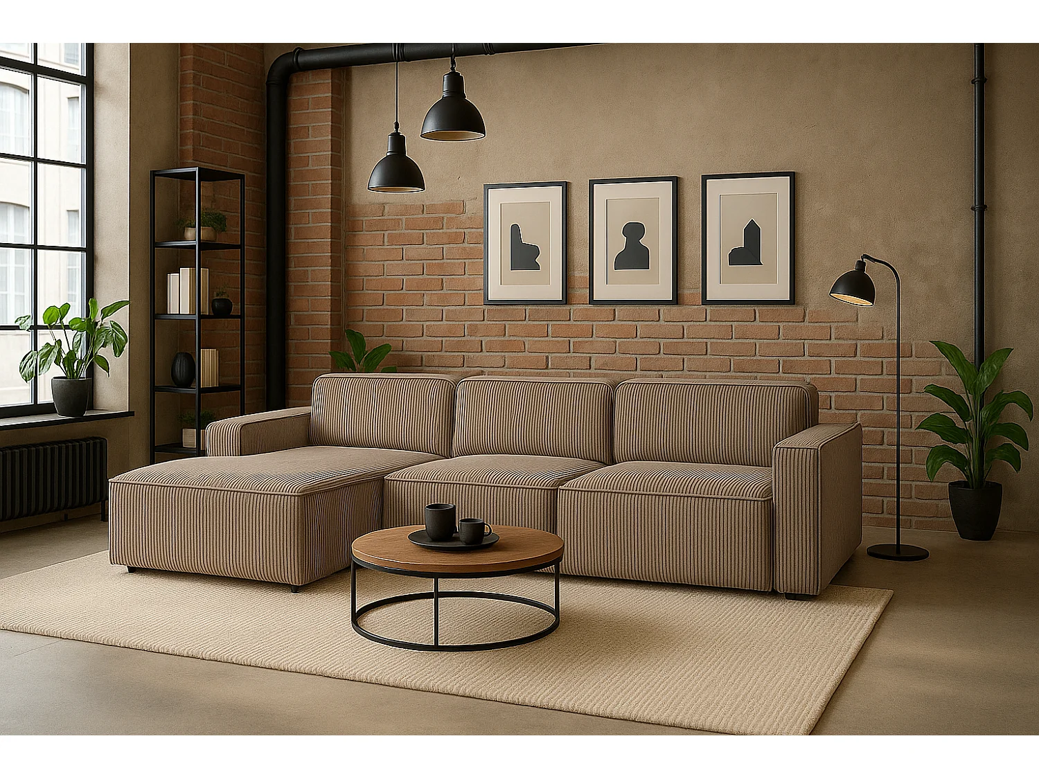 Canapé d'angle en L Cursal, tissu Poso, beige foncé, gauche