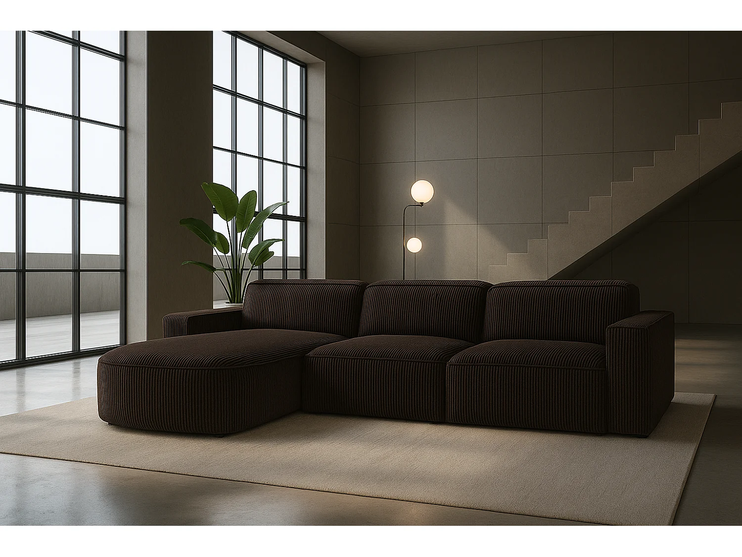 Canapé d'angle en L Round Cursal, tissu Poso, marron, gauche