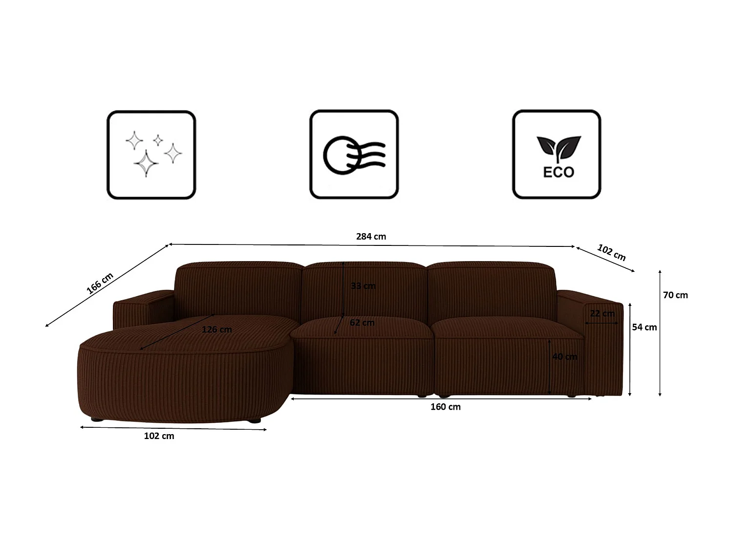 Canapé d'angle en L Round Cursal, tissu Poso, marron, gauche