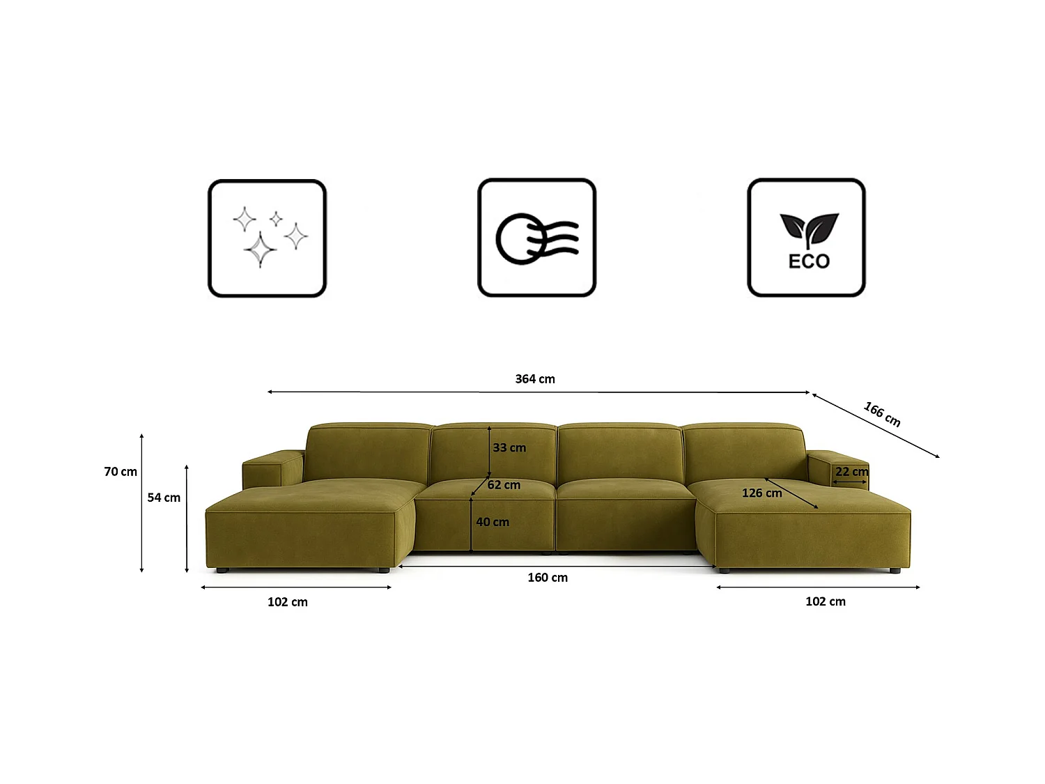 Ecksofa U-Form Cursal, Stoff Salvador, Olive