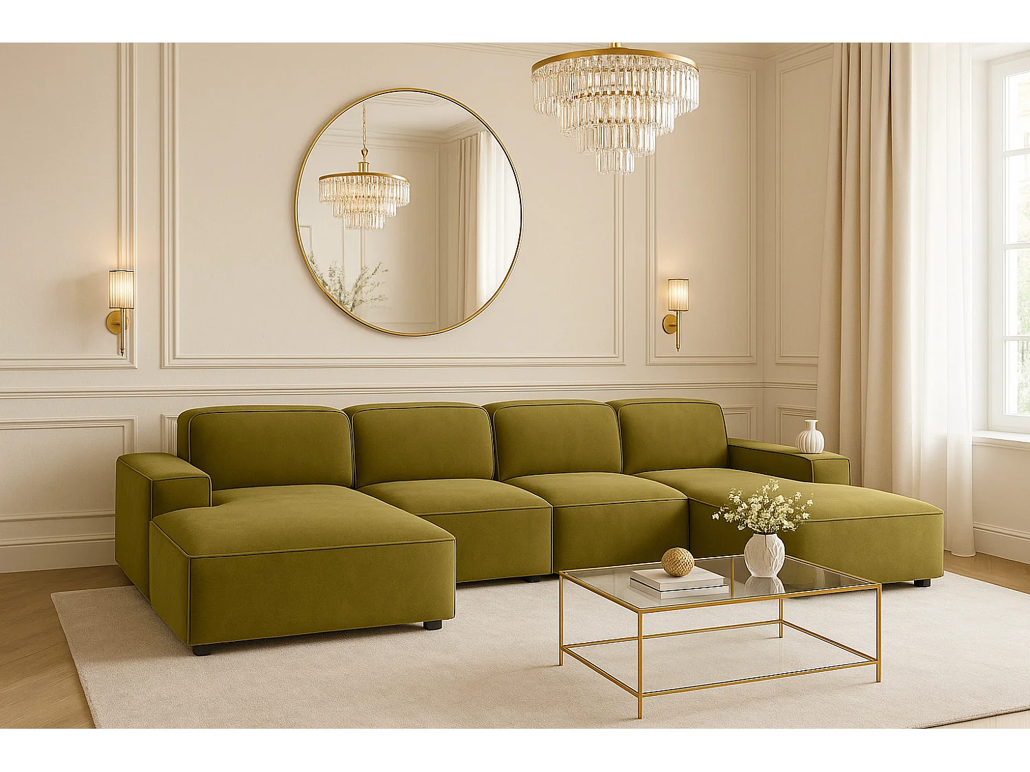 Canapé d'angle en U Cursal, tissu Salvador, olive