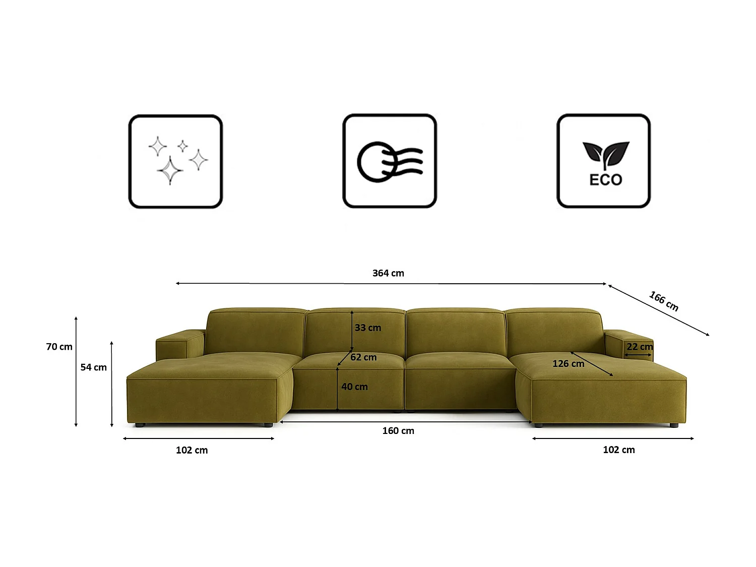 Canapé d'angle en U Cursal, tissu Salvador, olive