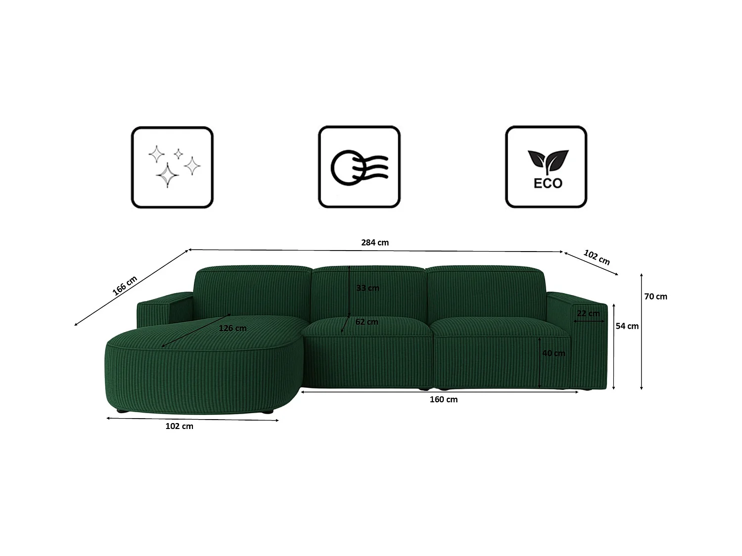 Divano angolare a L Round Cursal, tessuto Poso, verde, sinistro