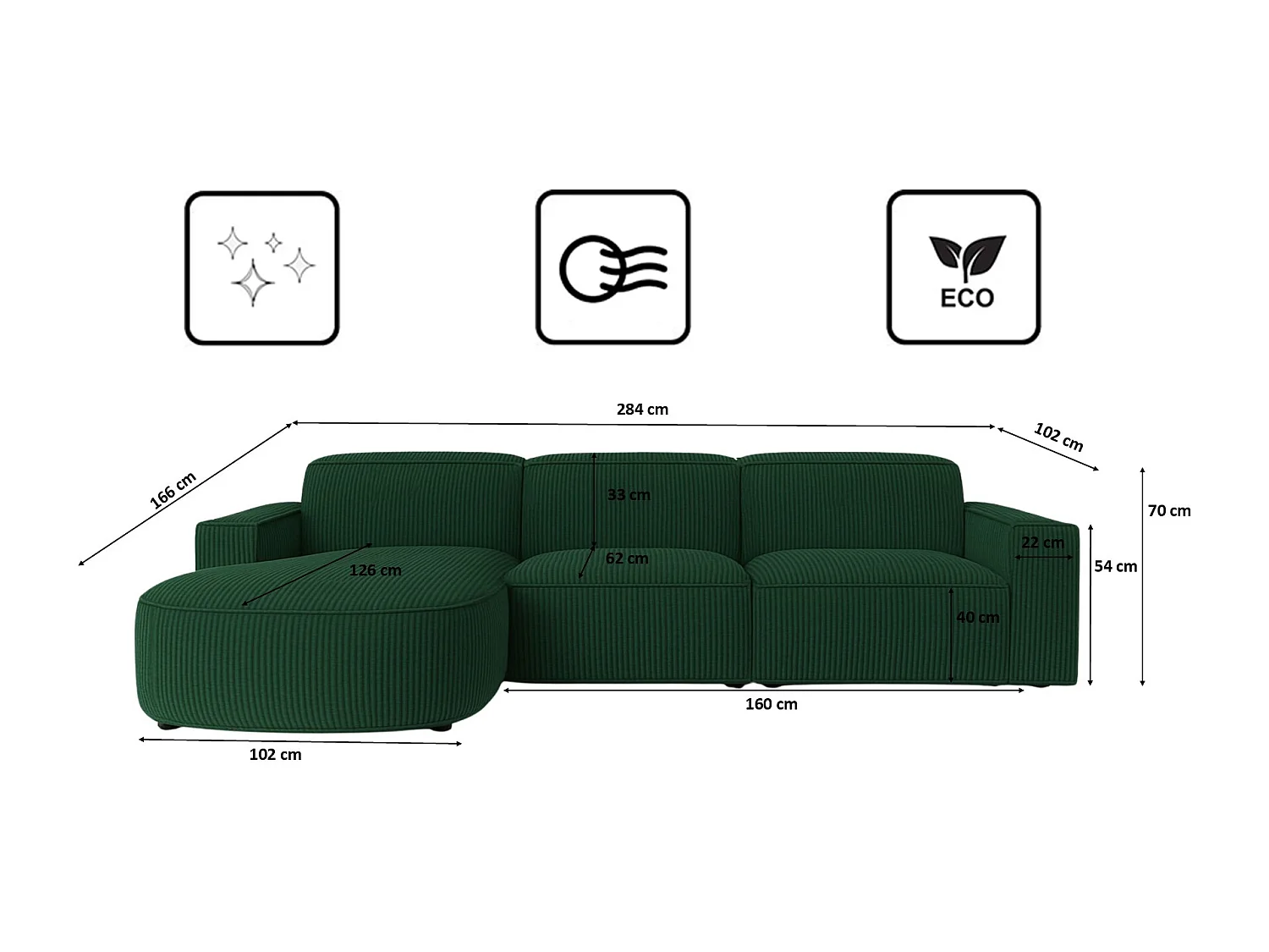 Canapé d'angle en L Round Cursal, tissu Poso, vert, gauche