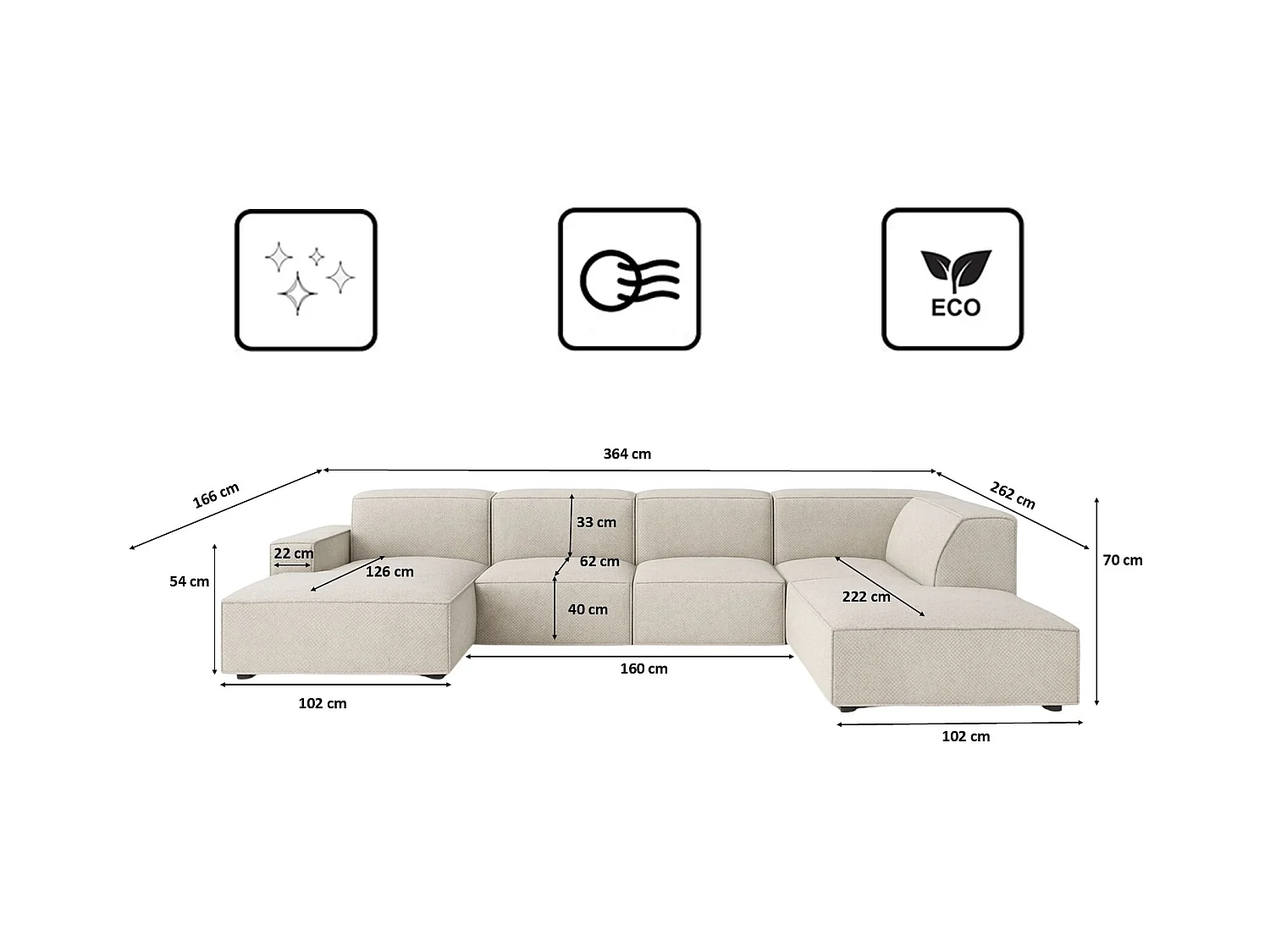 Ecksofa U-Form Cursal V, Stoff Artico, Nata, Rechts