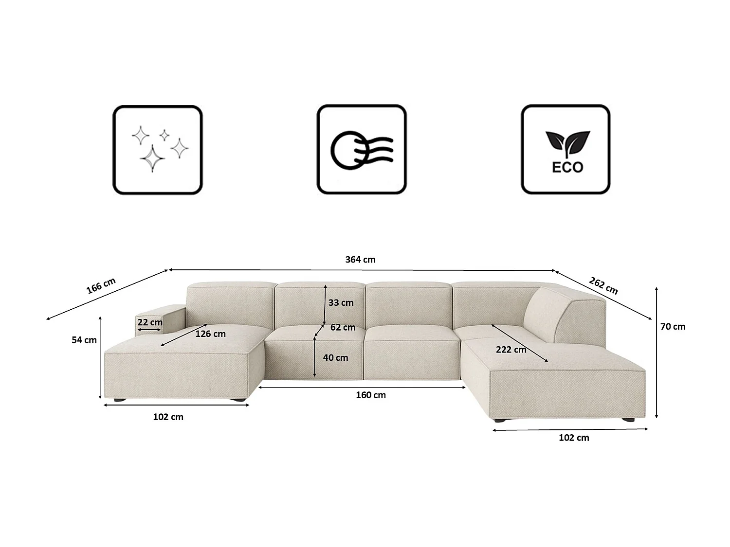 Canapé d'angle en forme de U Cursal V, tissu Artico, Nata, droite