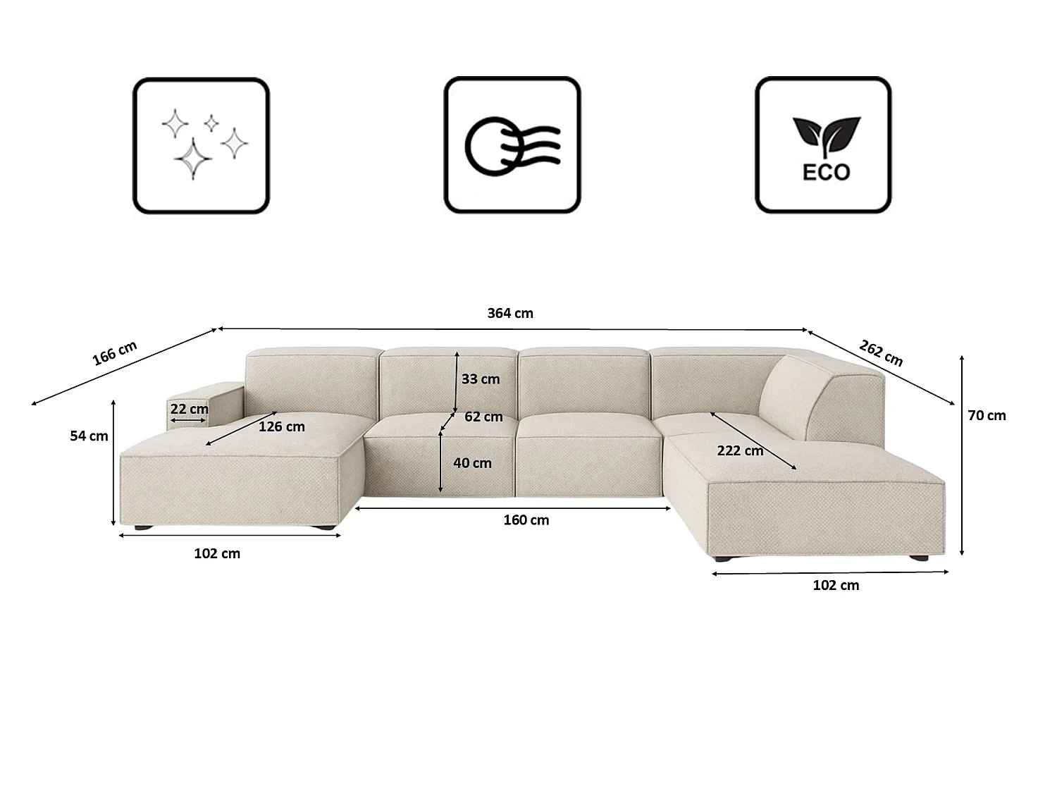 Grand canapé d'angle droit 6 places en tissu crème CURSAL