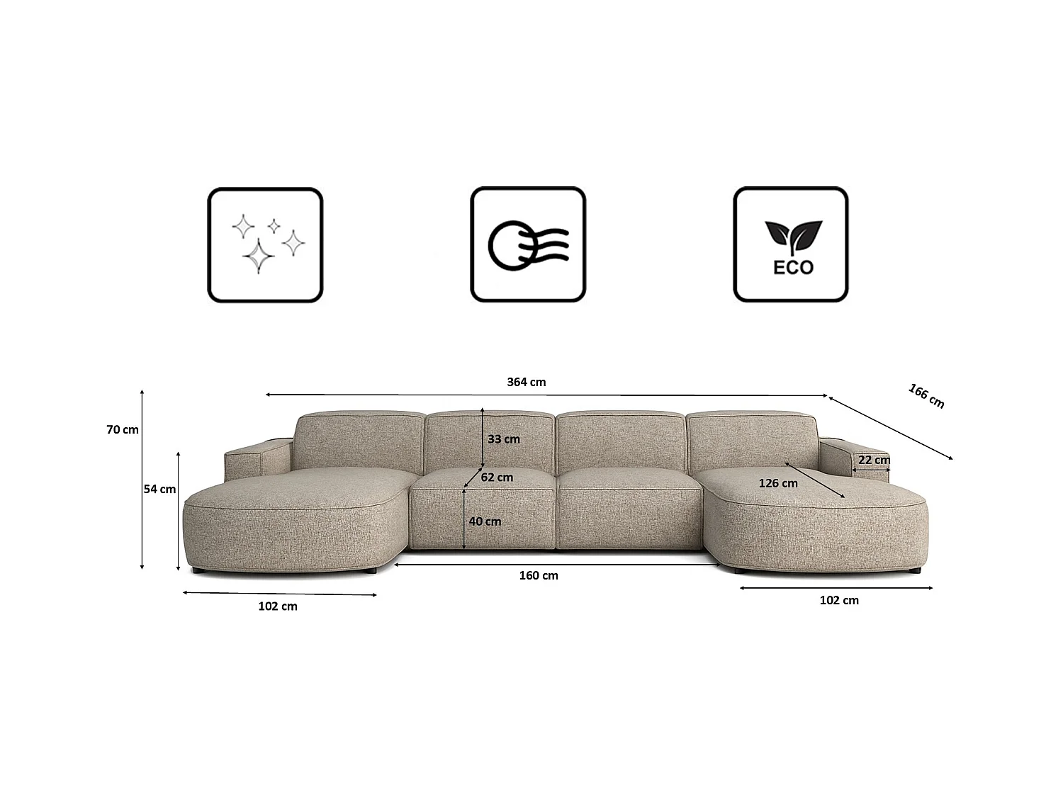 Canapé d'angle en U Round Cursal, tissu Artico, beige