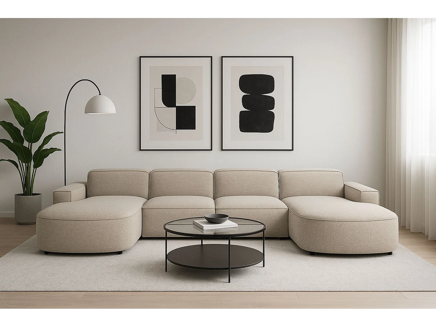 Canapé d'angle en U Round Cursal, tissu Artico, beige