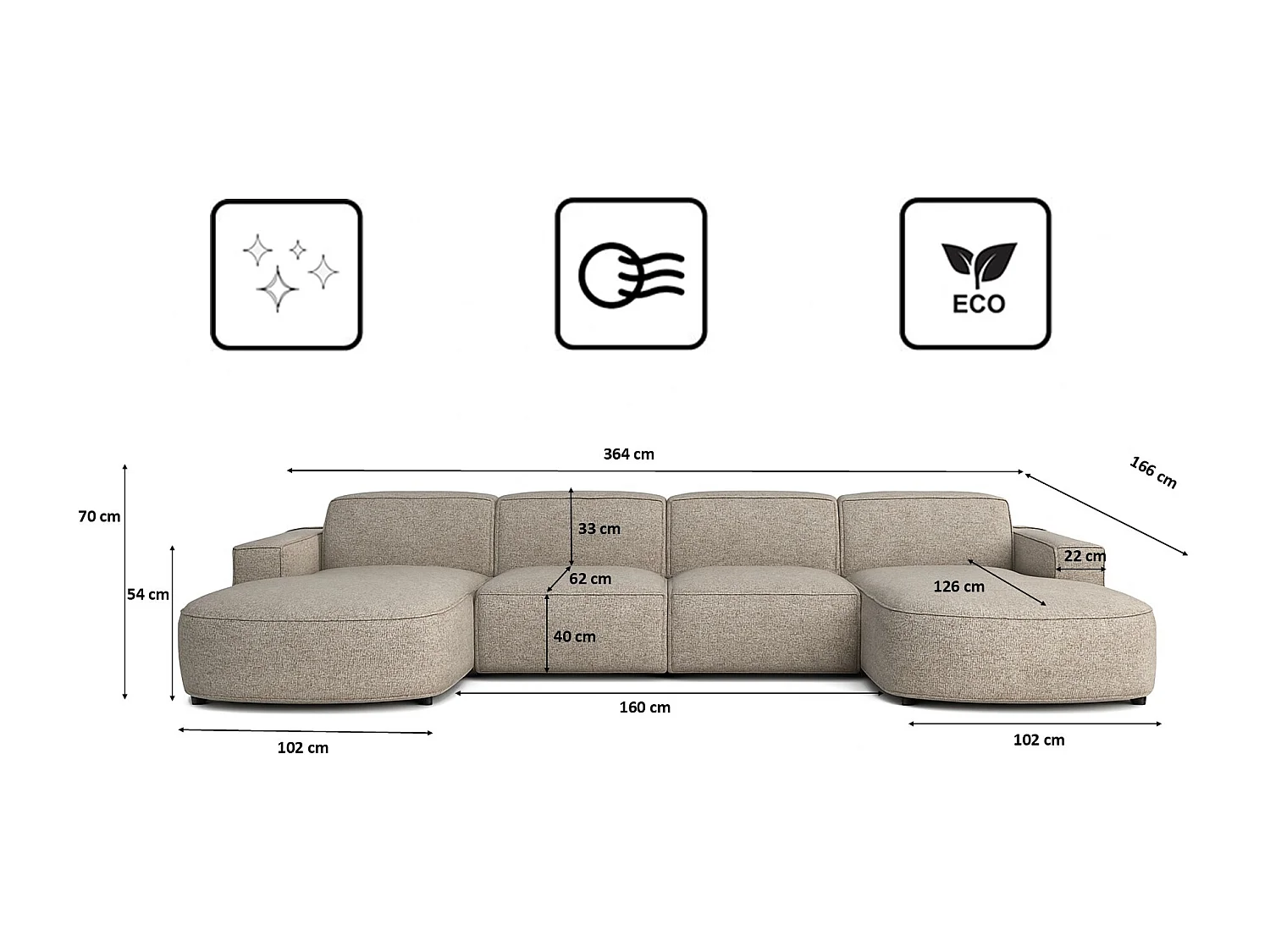 Canapé d'angle en U Round Cursal, tissu Artico, beige